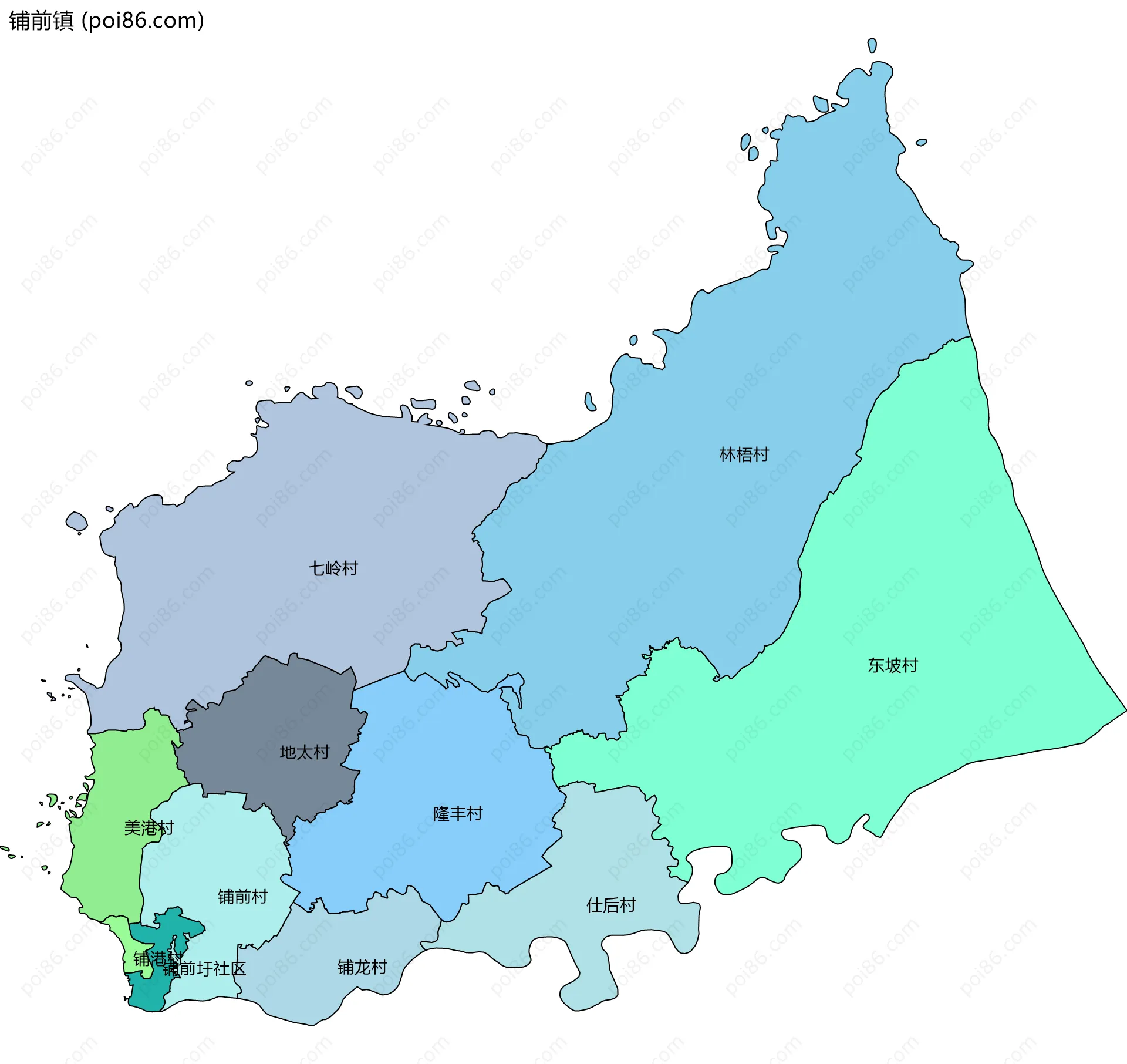 铺前镇边界地图(五级行政区划)