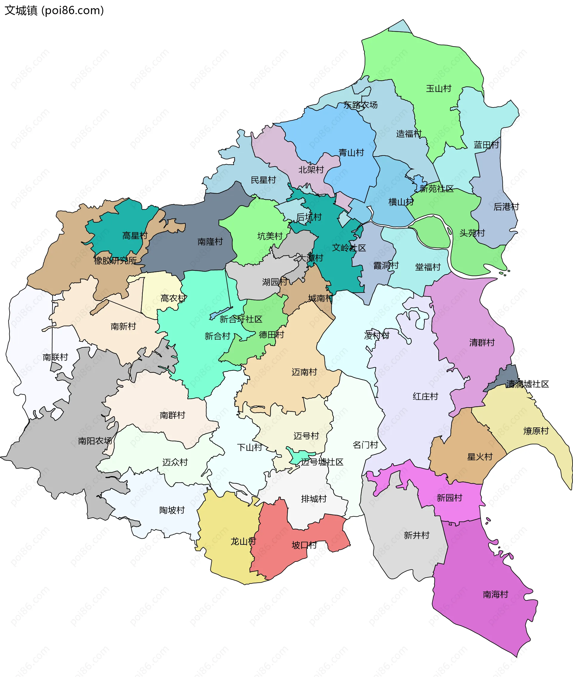 文城镇边界地图(五级行政区划)