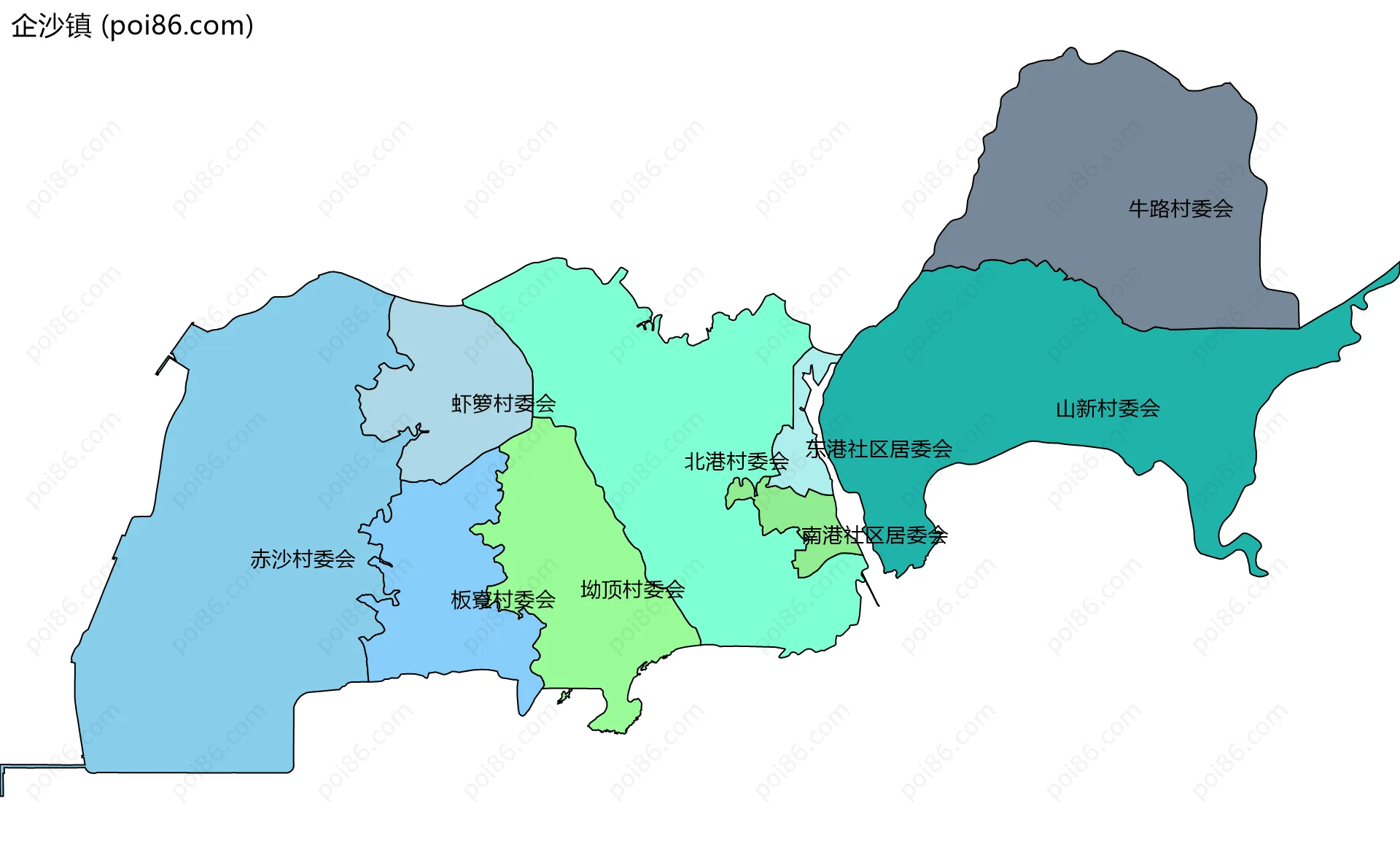 企沙镇边界地图(五级行政区划)