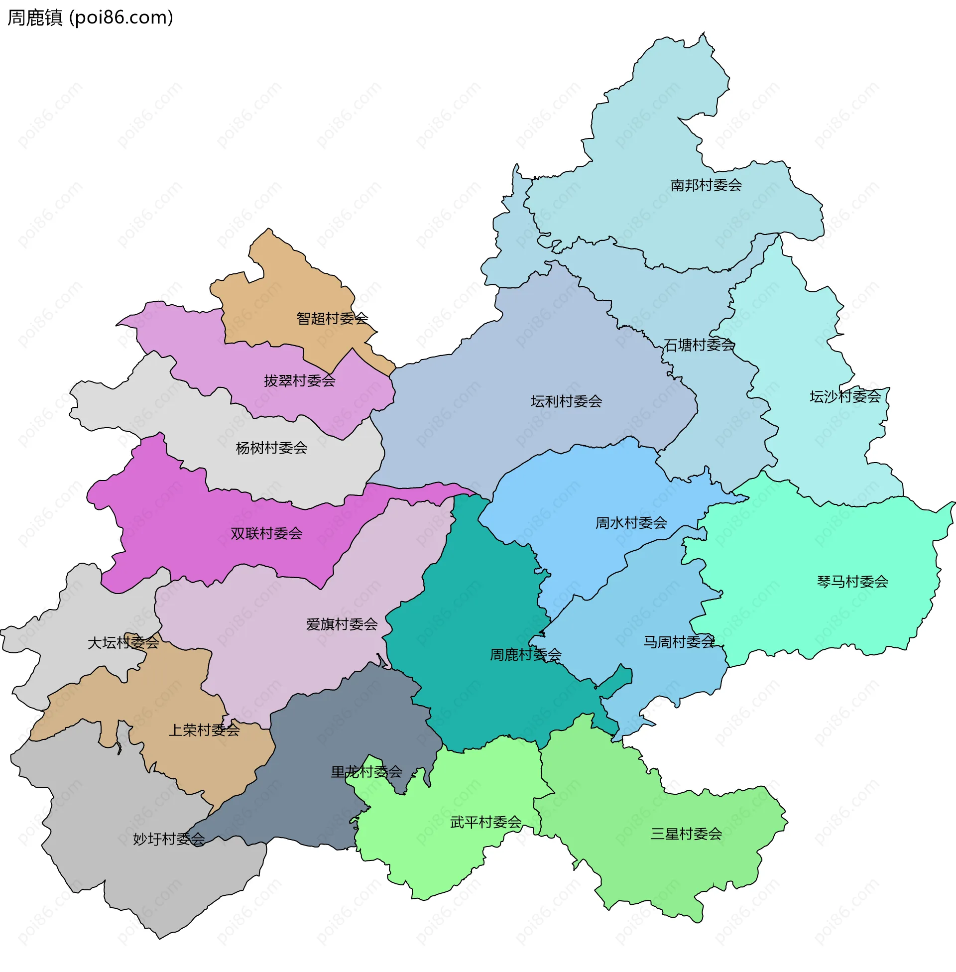 周鹿镇边界地图(五级行政区划)