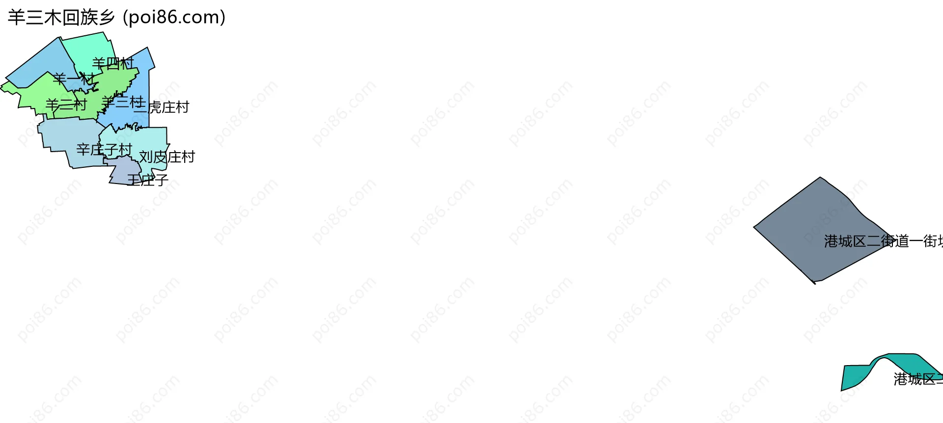 羊三木回族乡边界地图(五级行政区划)