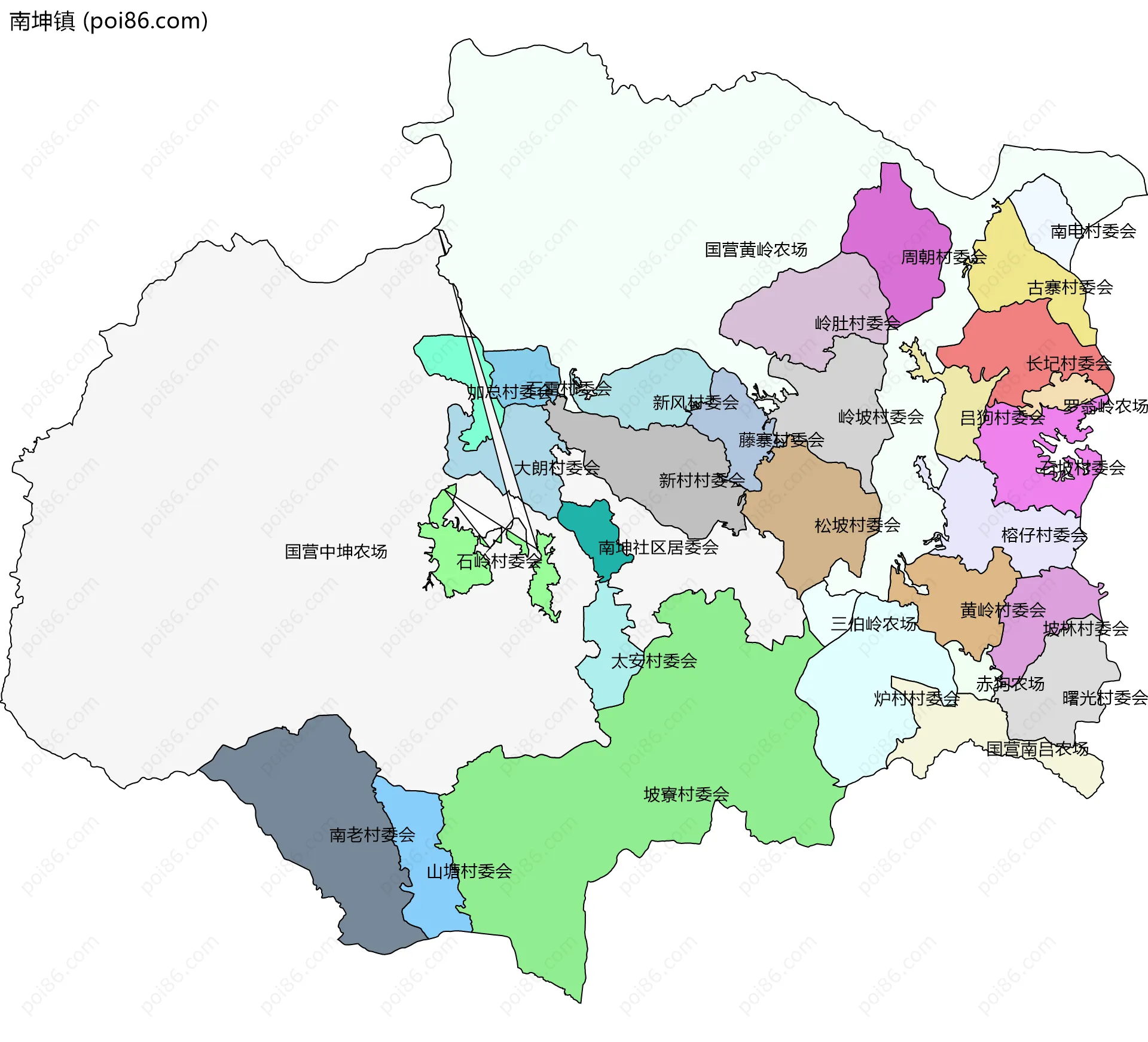 南坤镇边界地图(五级行政区划)