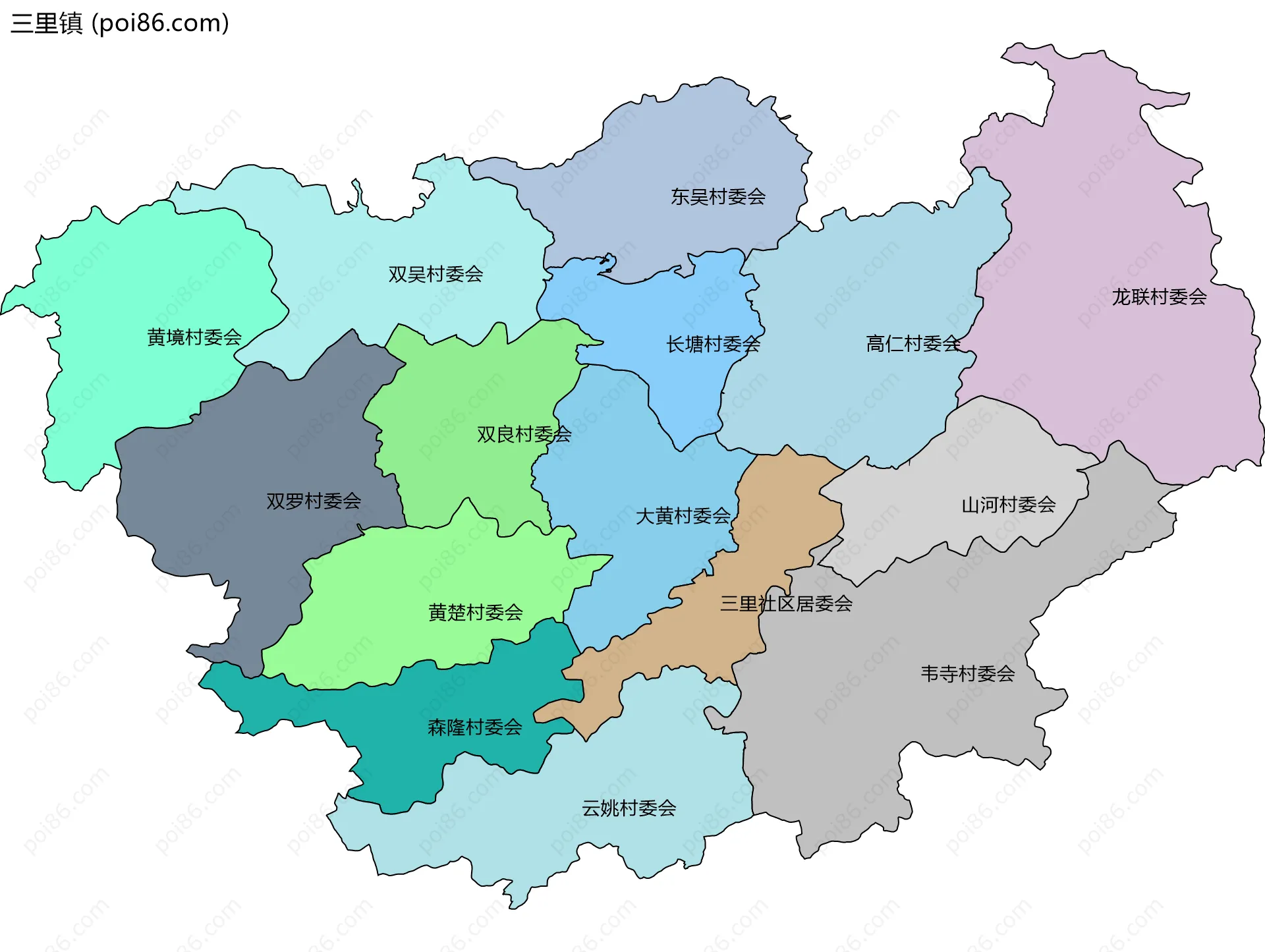 三里镇边界地图(五级行政区划)