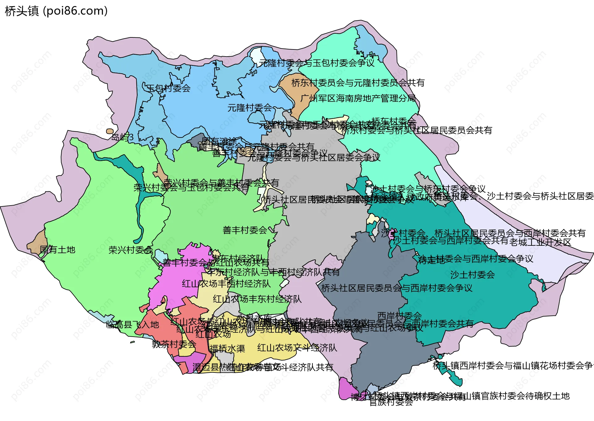 桥头镇边界地图(五级行政区划)