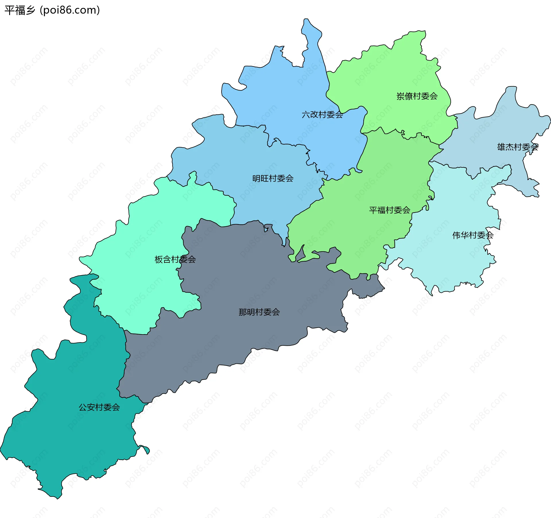 平福乡边界地图(五级行政区划)