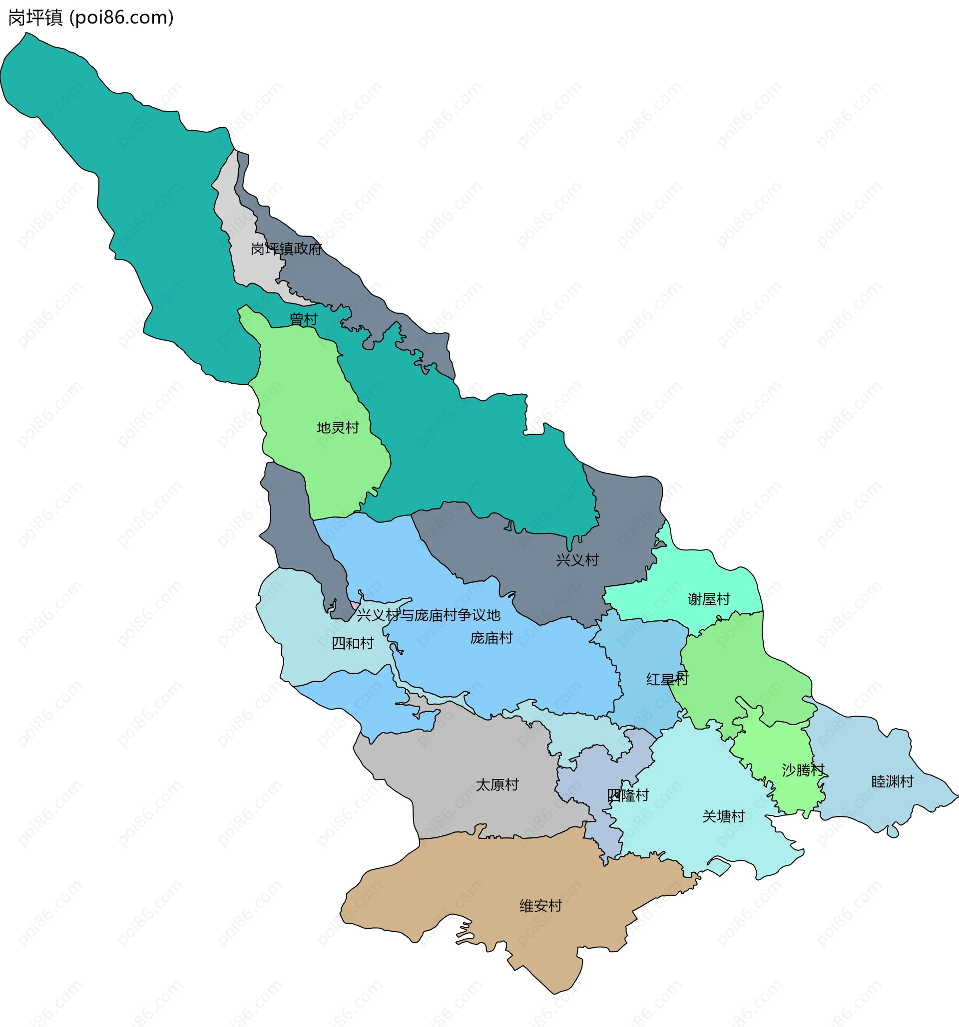 岗坪镇边界地图(五级行政区划)