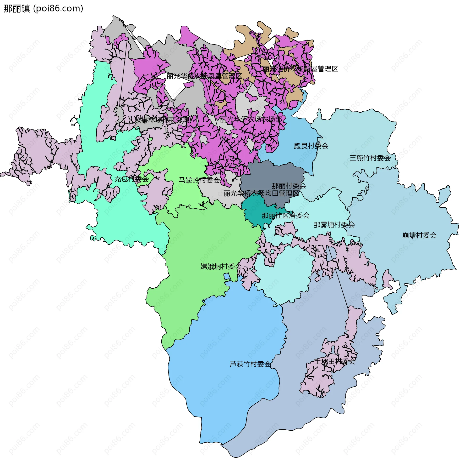 那丽镇边界地图(五级行政区划)