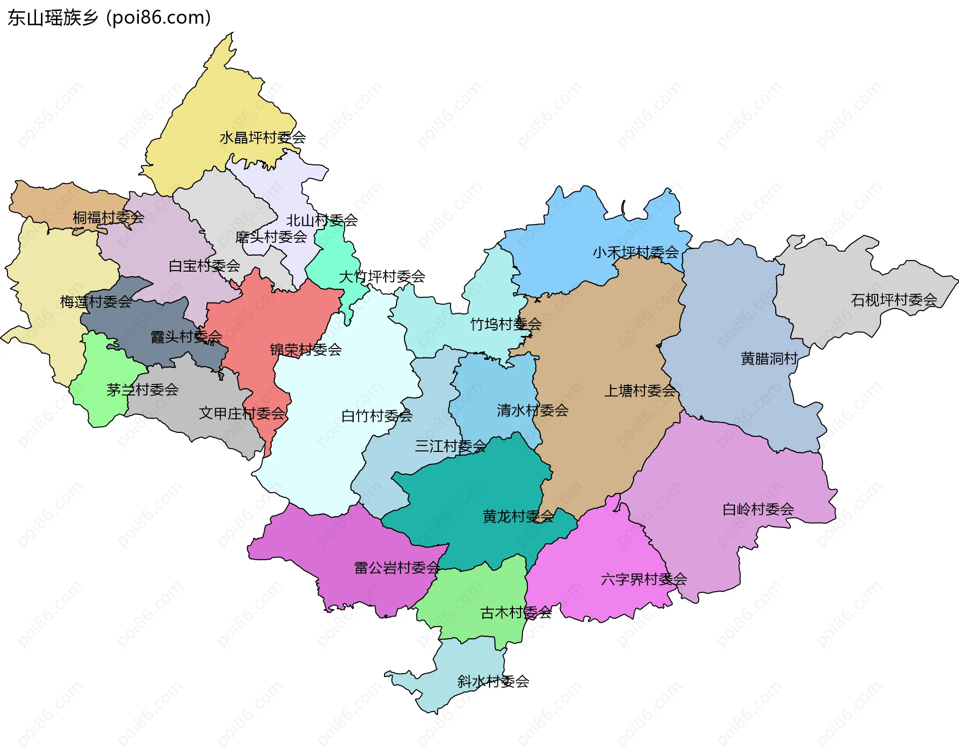 东山瑶族乡边界地图(五级行政区划)