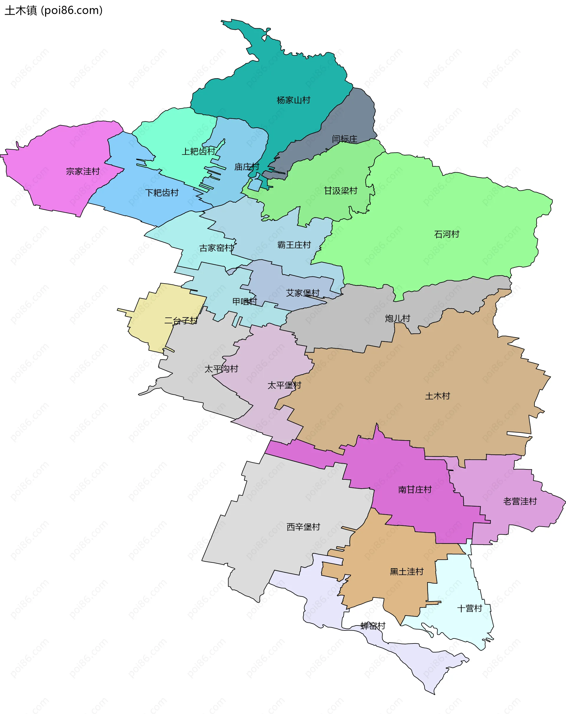 土木镇边界地图(五级行政区划)