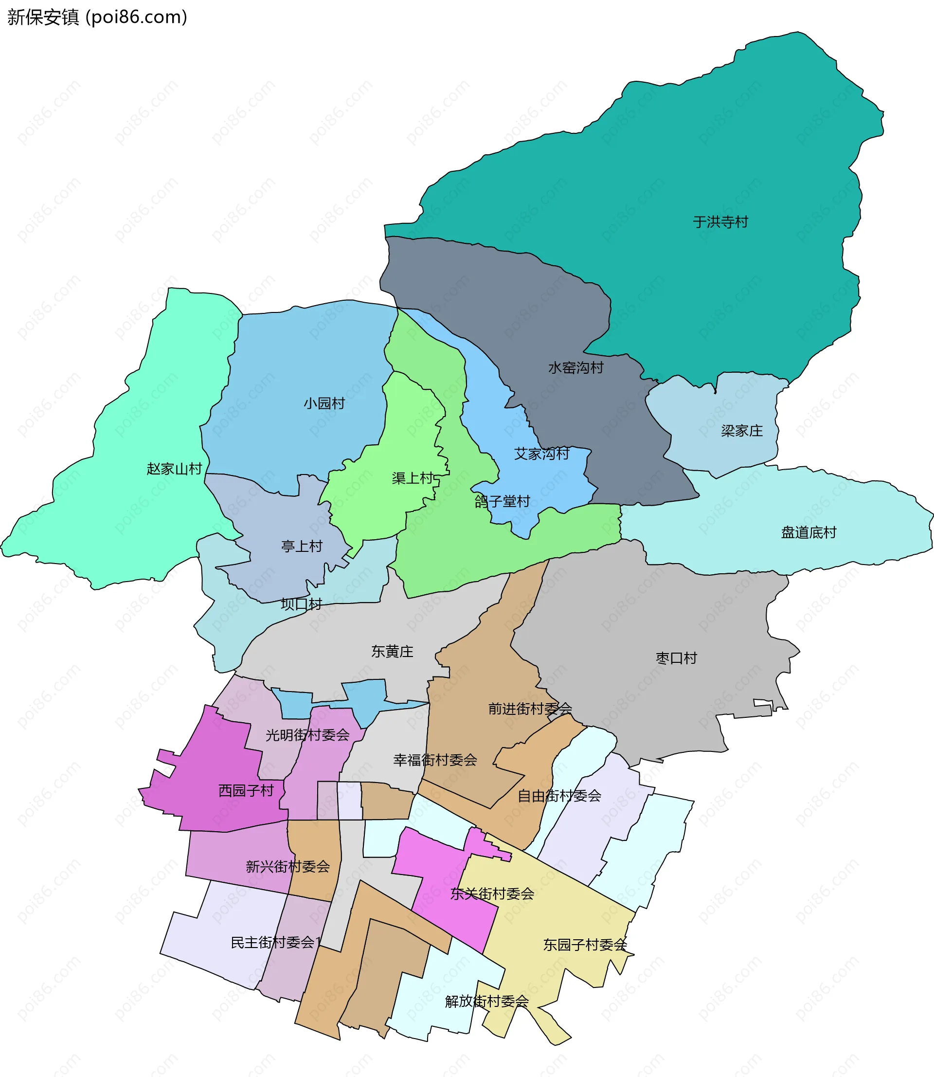 新保安镇边界地图(五级行政区划)