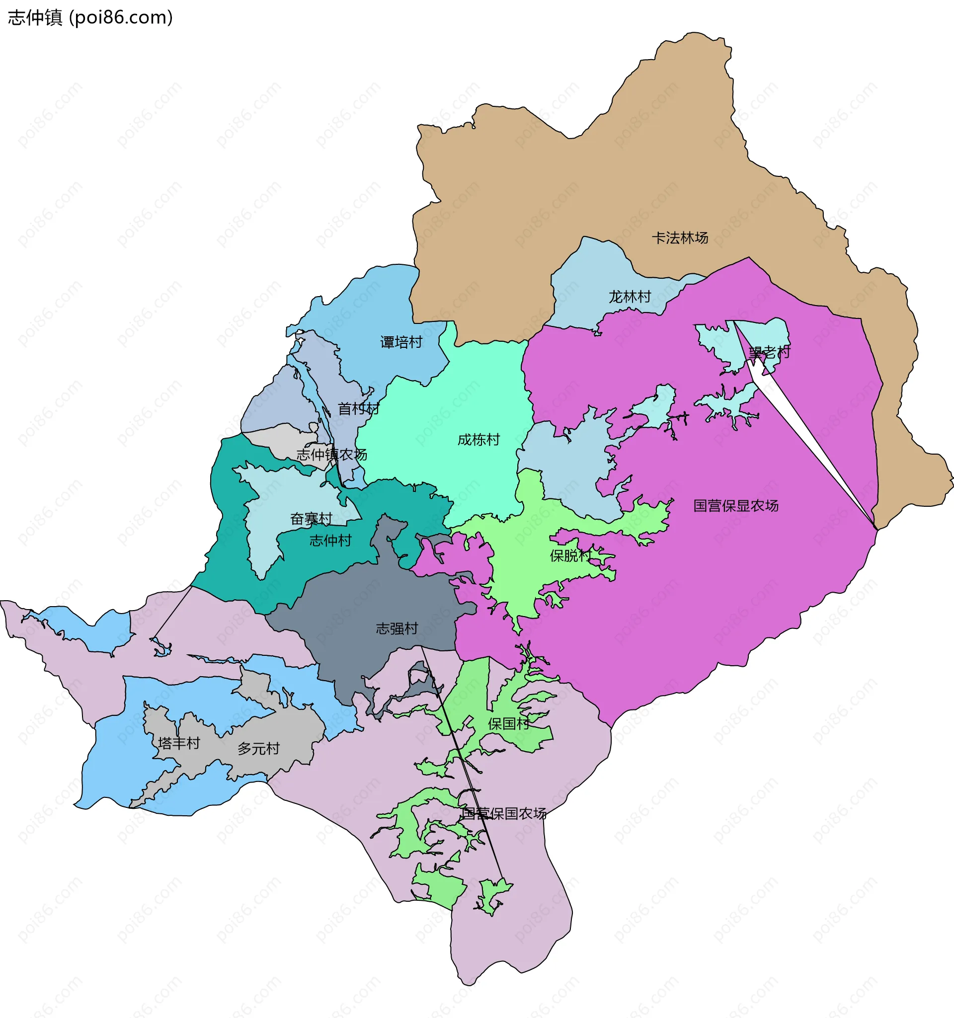 志仲镇边界地图(五级行政区划)