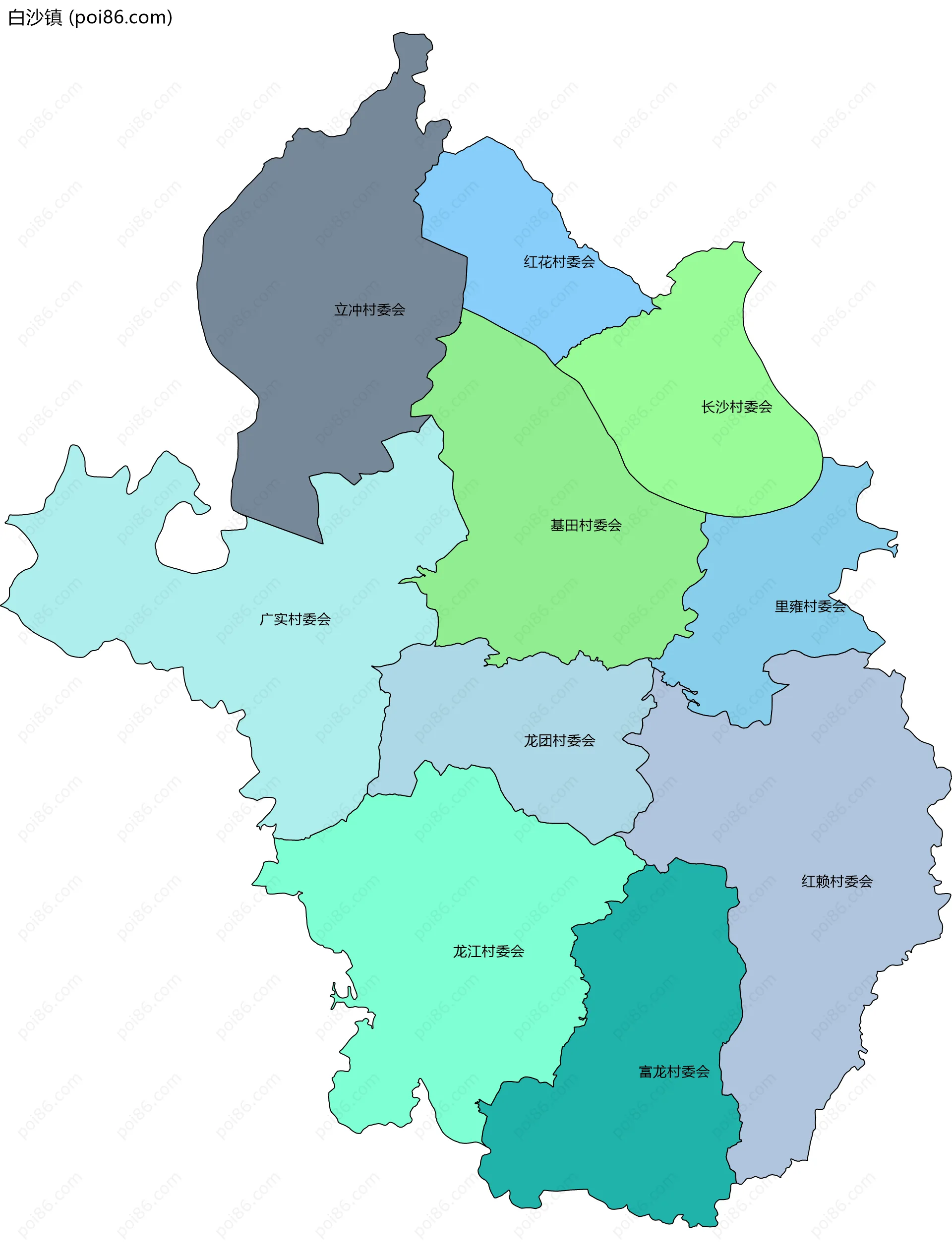 白沙镇边界地图(五级行政区划)