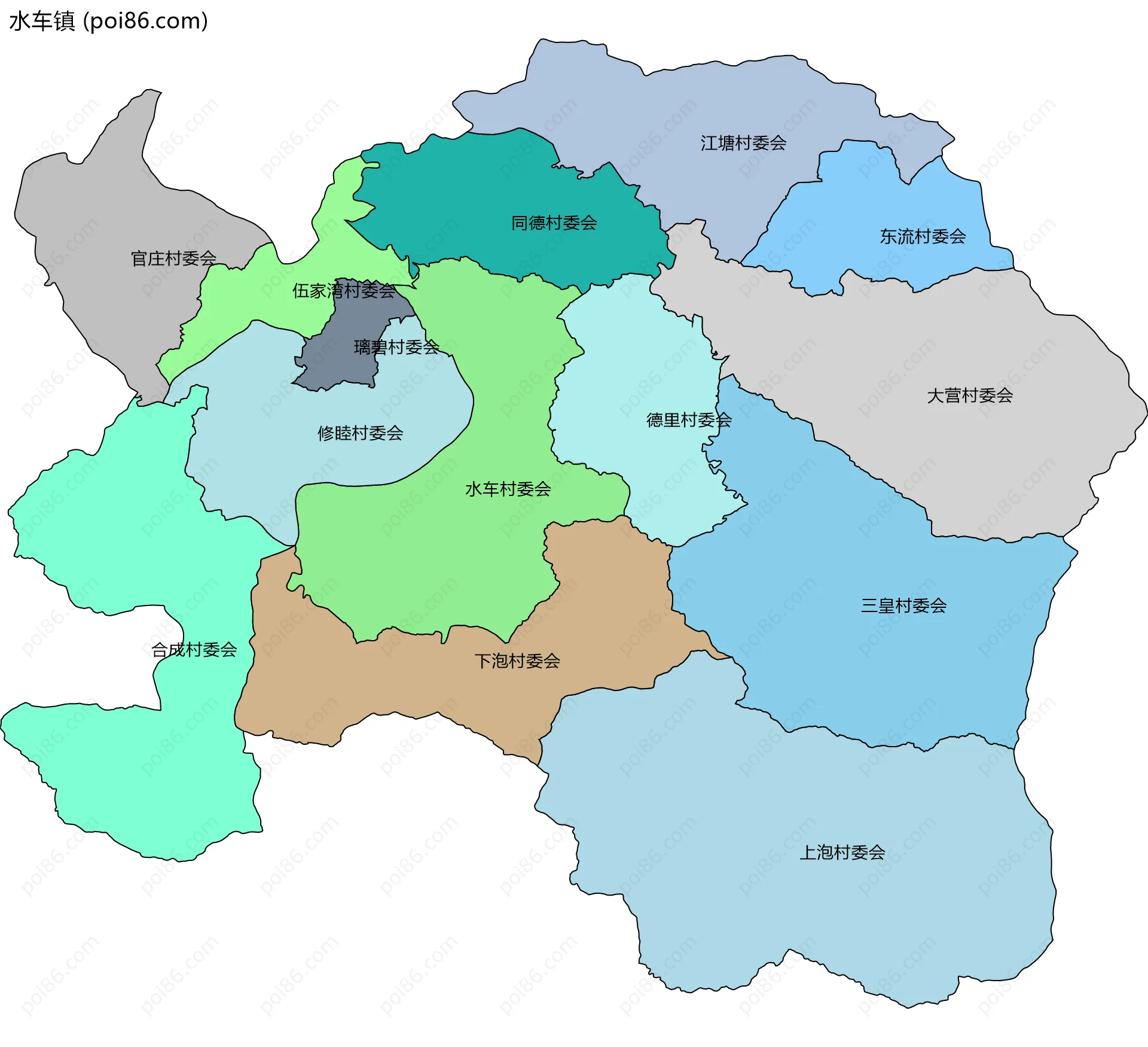 水车镇边界地图(五级行政区划)