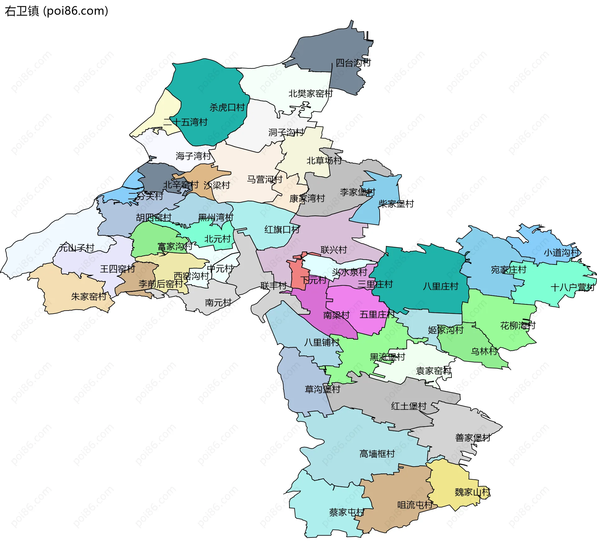 右卫镇边界地图(五级行政区划)