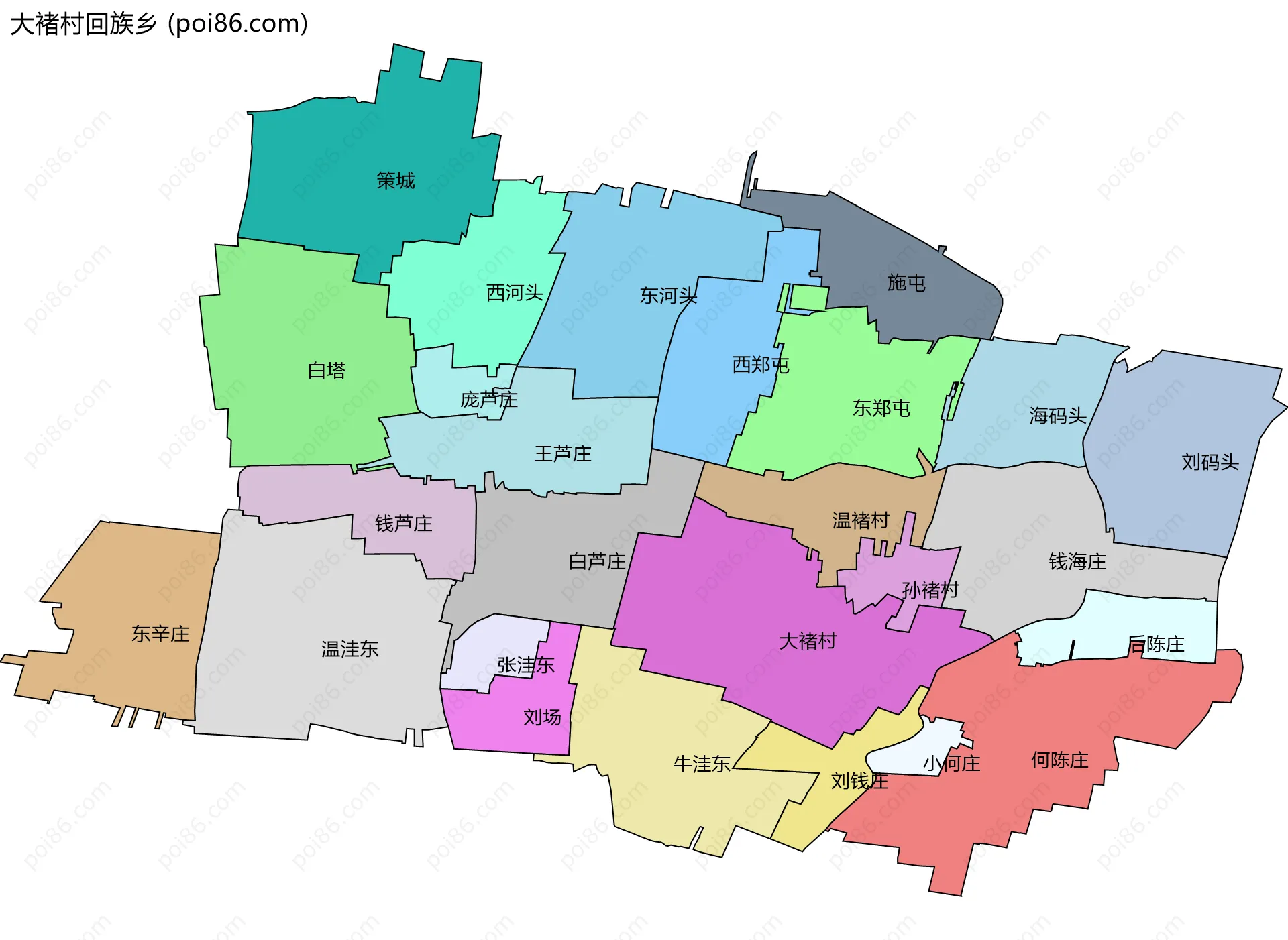 大褚村回族乡边界地图(五级行政区划)