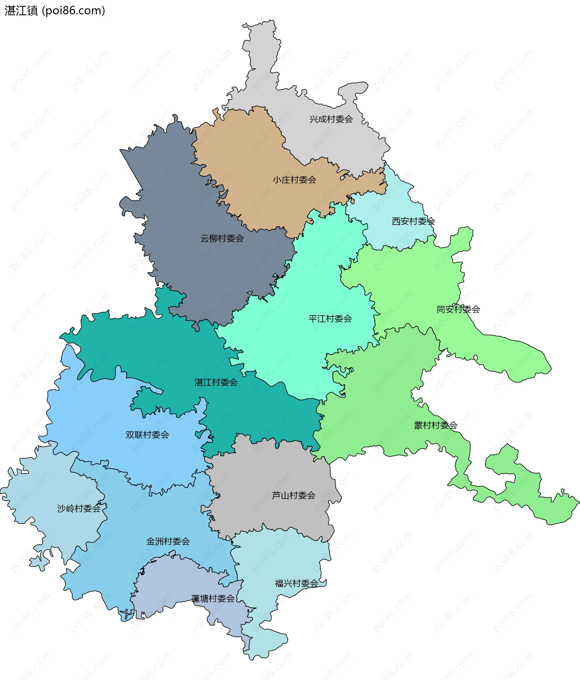 湛江镇边界地图(五级行政区划)