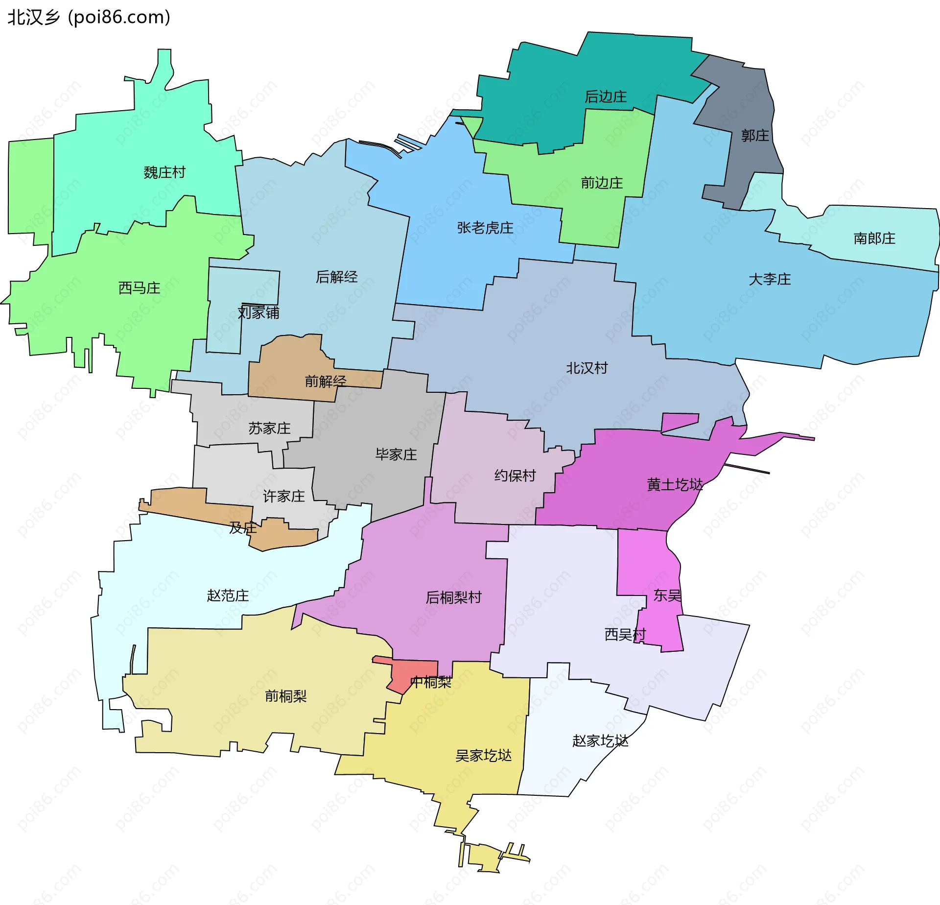 北汉乡边界地图(五级行政区划)