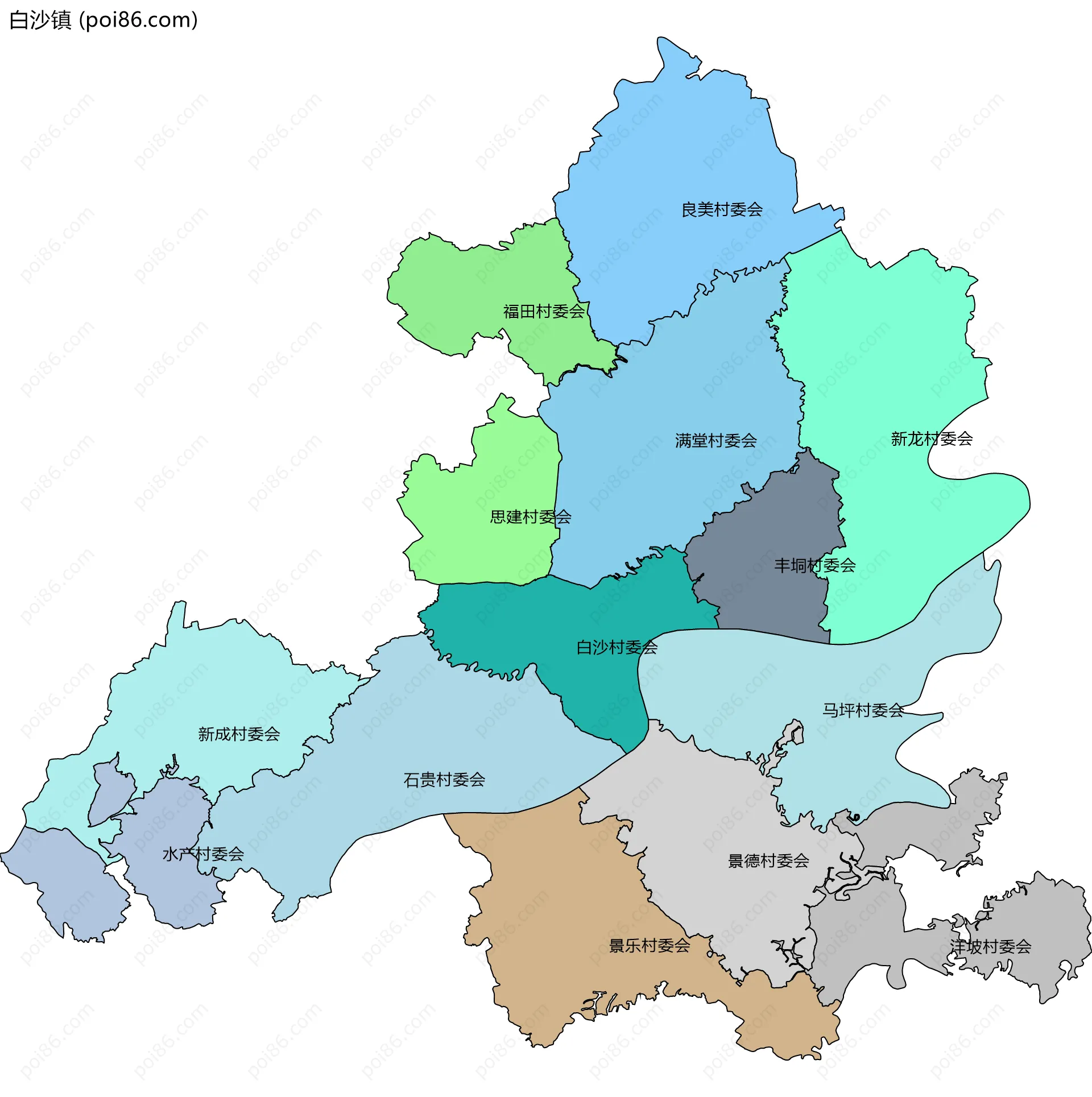 白沙镇边界地图(五级行政区划)