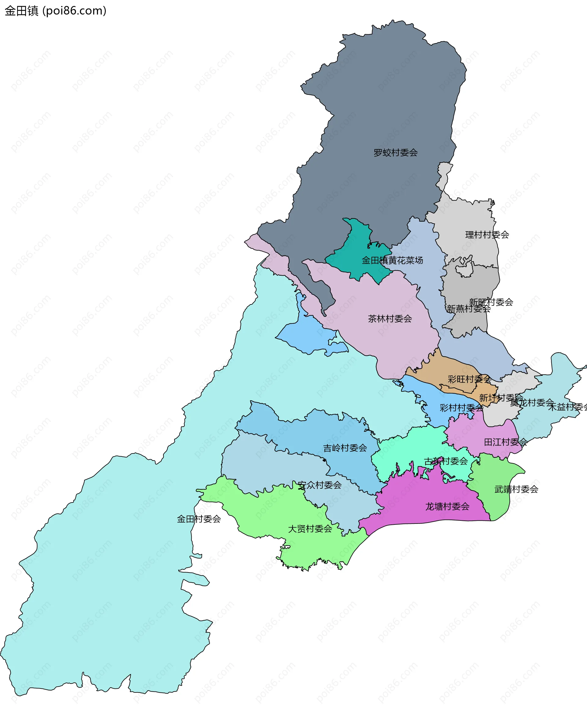 金田镇边界地图(五级行政区划)