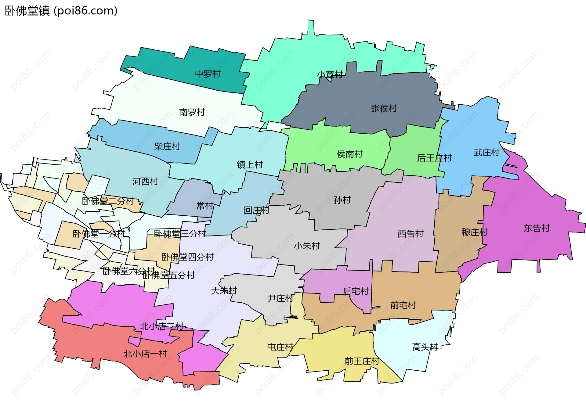 卧佛堂镇边界地图(五级行政区划)