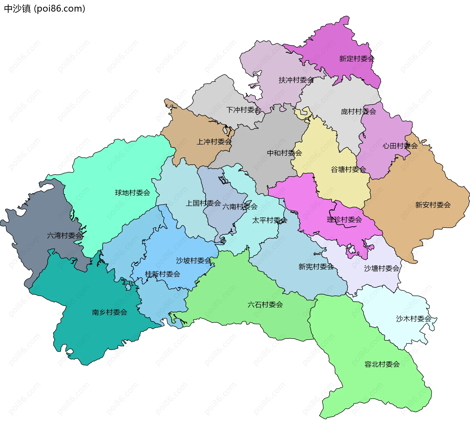 中沙镇边界地图(五级行政区划)