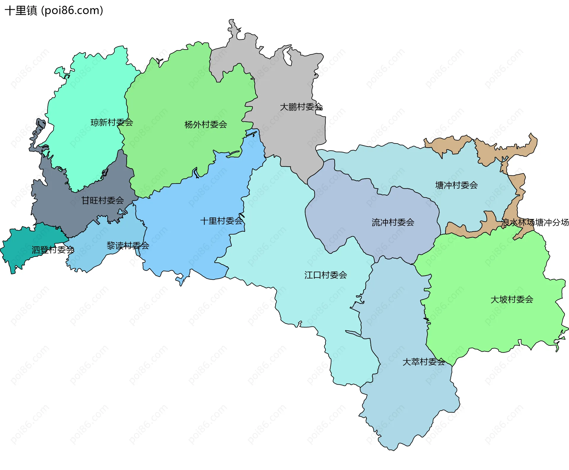 十里镇边界地图(五级行政区划)