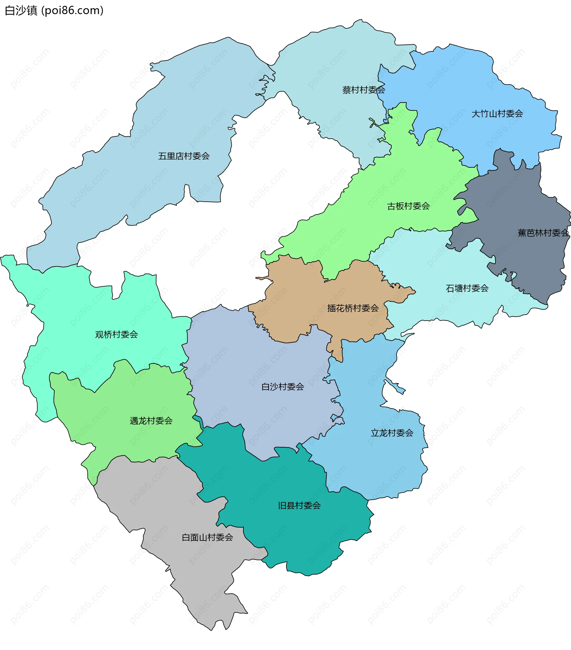 白沙镇边界地图(五级行政区划)