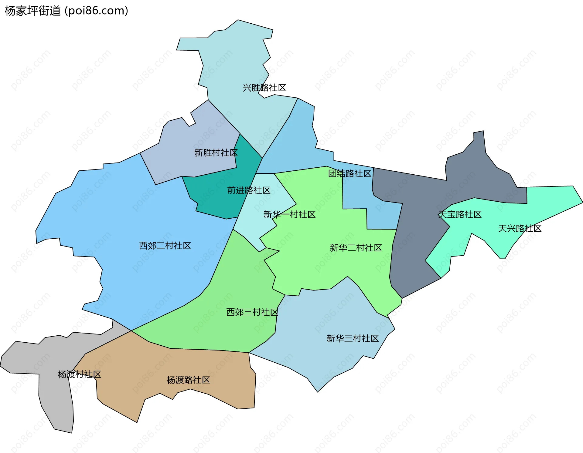 杨家坪街道边界地图(五级行政区划)