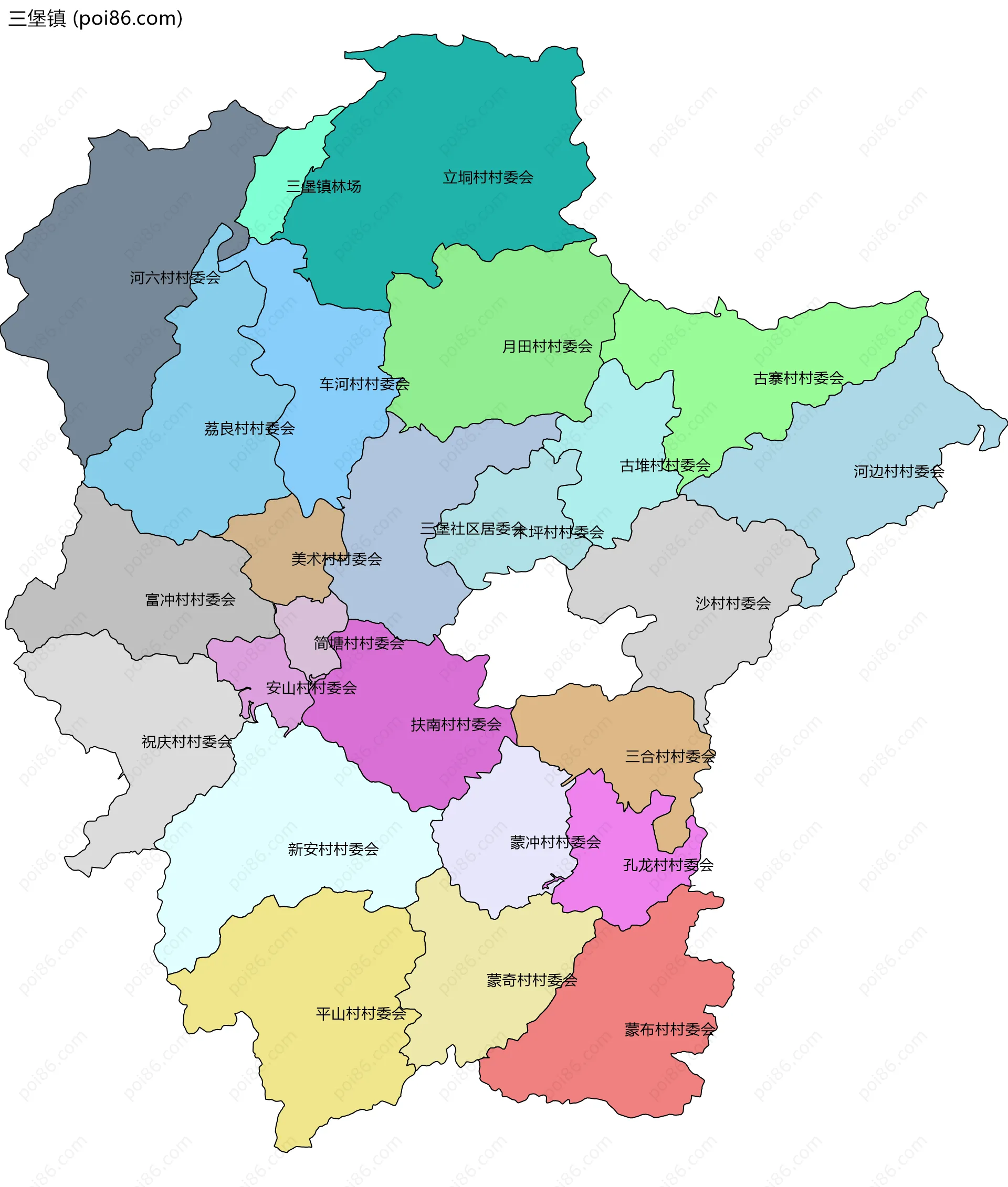 三堡镇边界地图(五级行政区划)