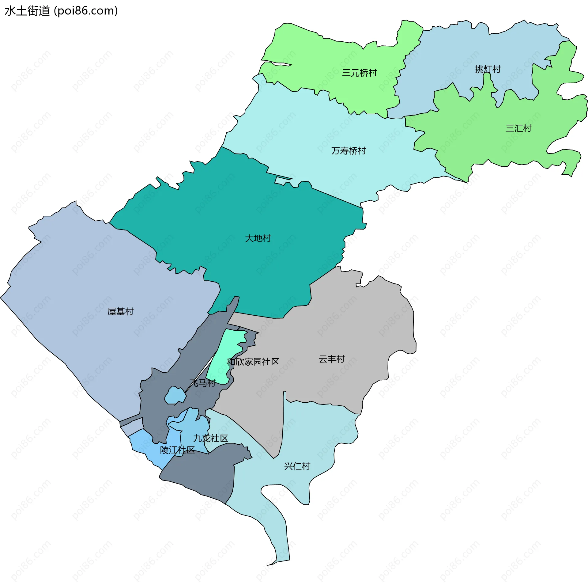 水土街道边界地图(五级行政区划)