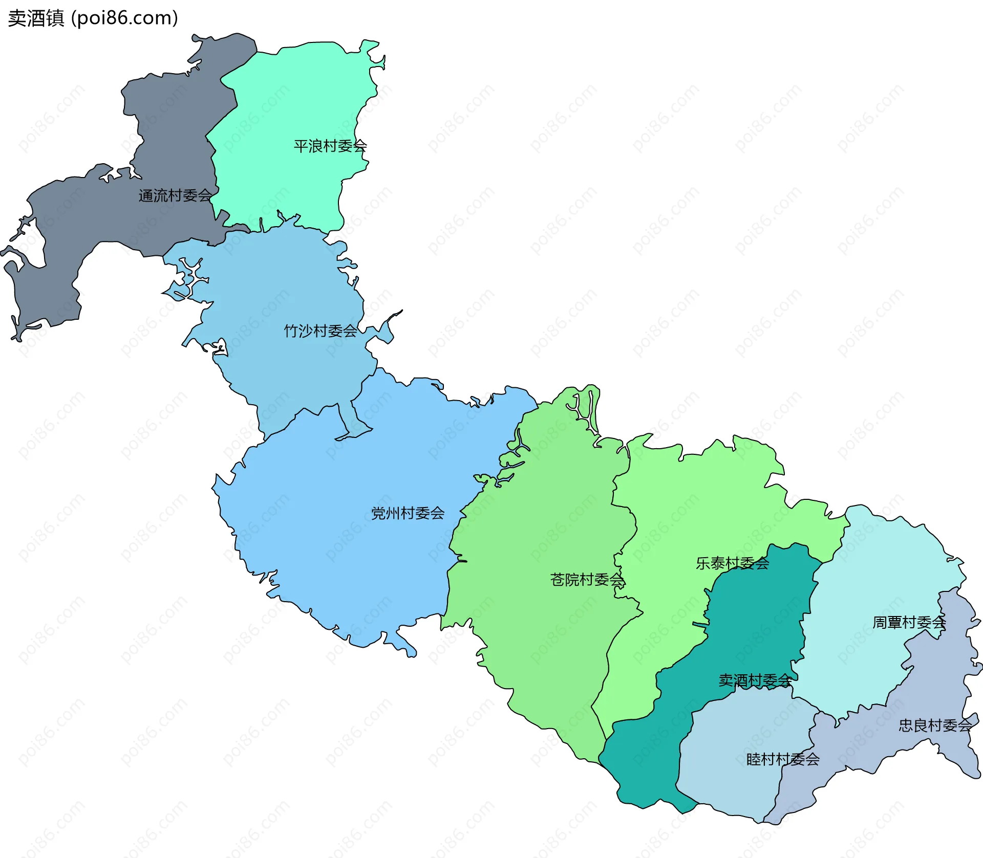 卖酒镇边界地图(五级行政区划)