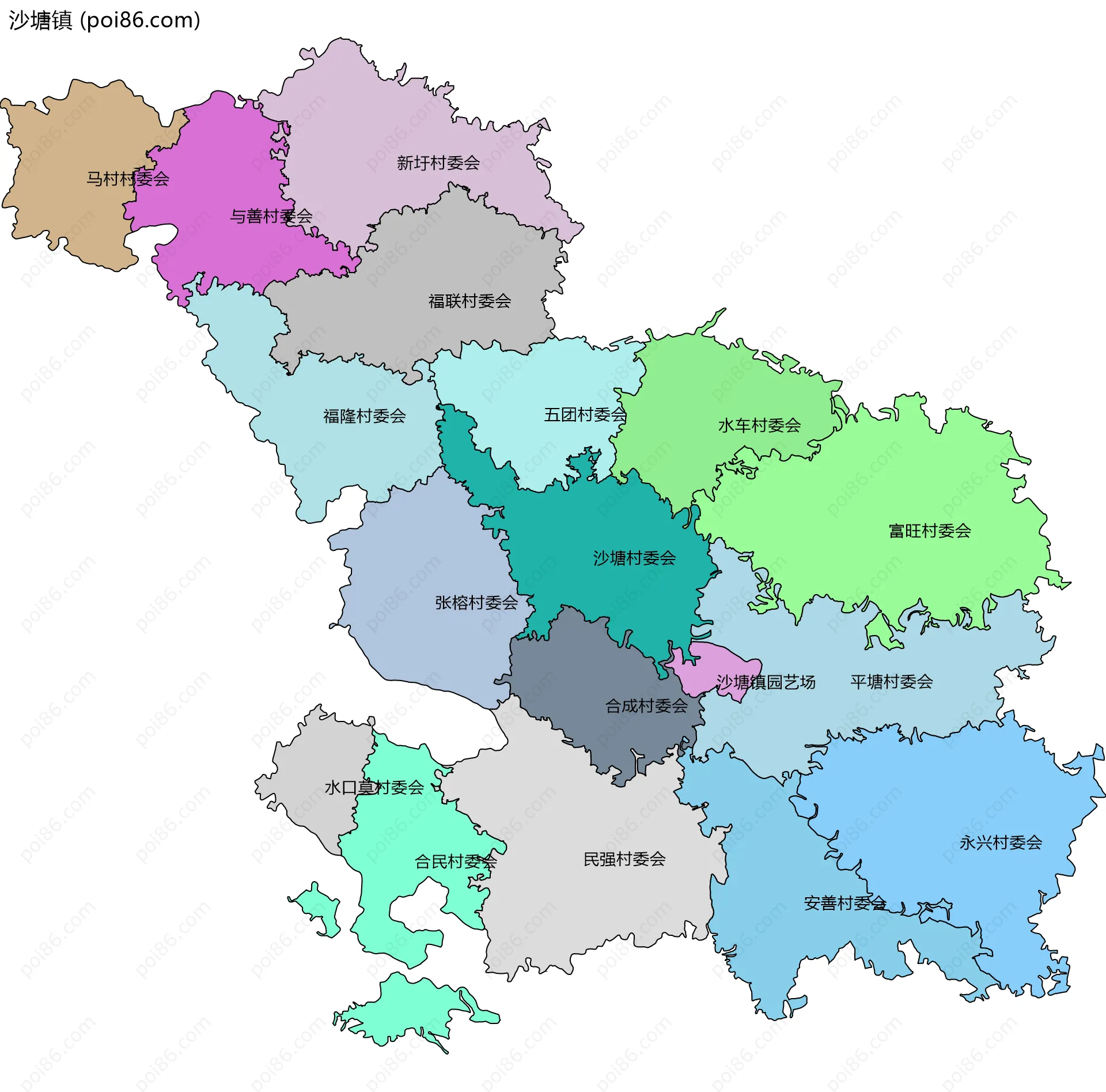 沙塘镇边界地图(五级行政区划)