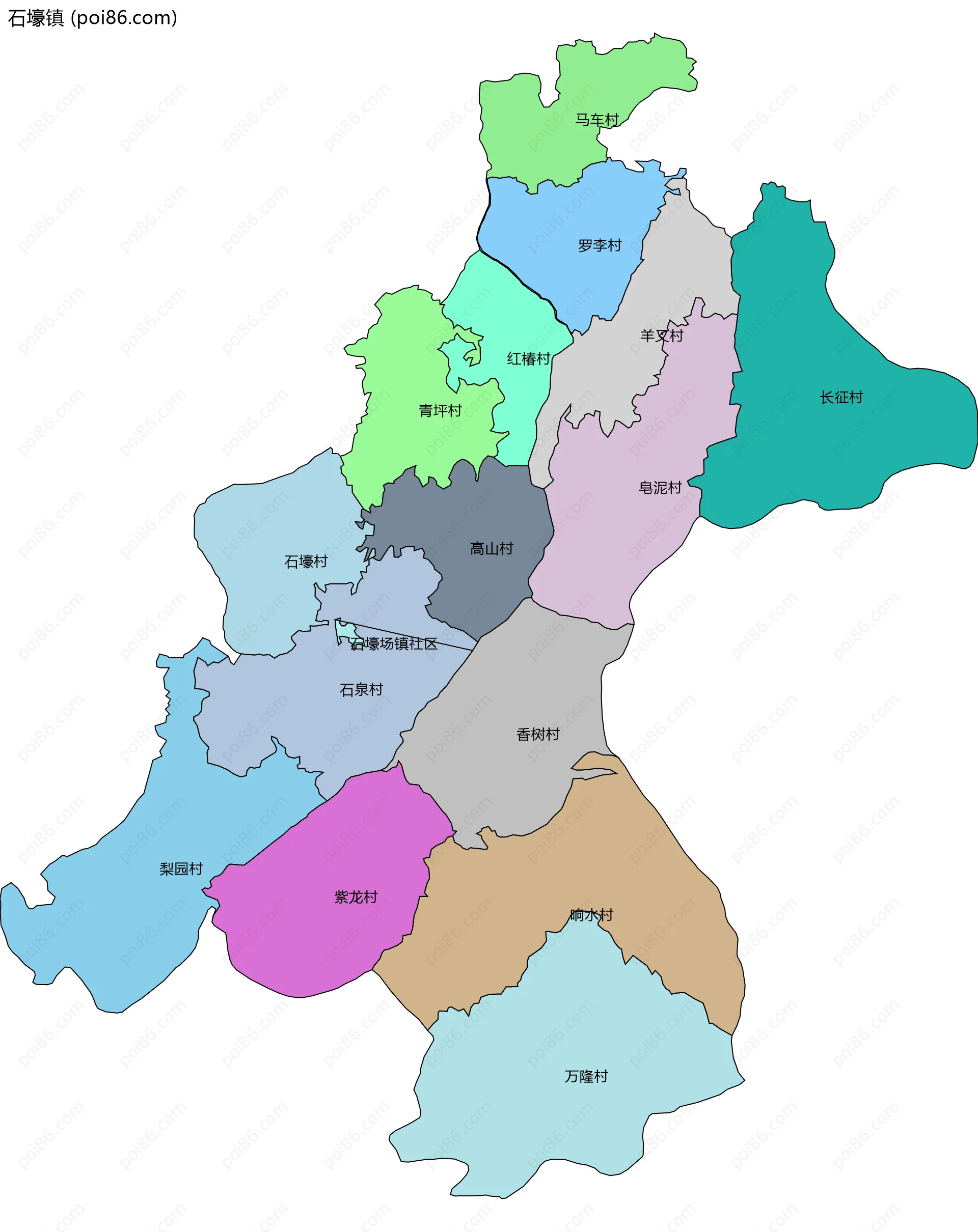 石壕镇边界地图(五级行政区划)