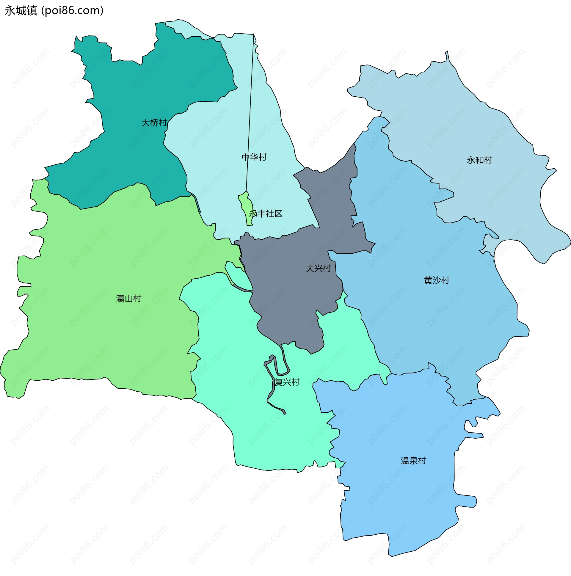 永城镇边界地图(五级行政区划)