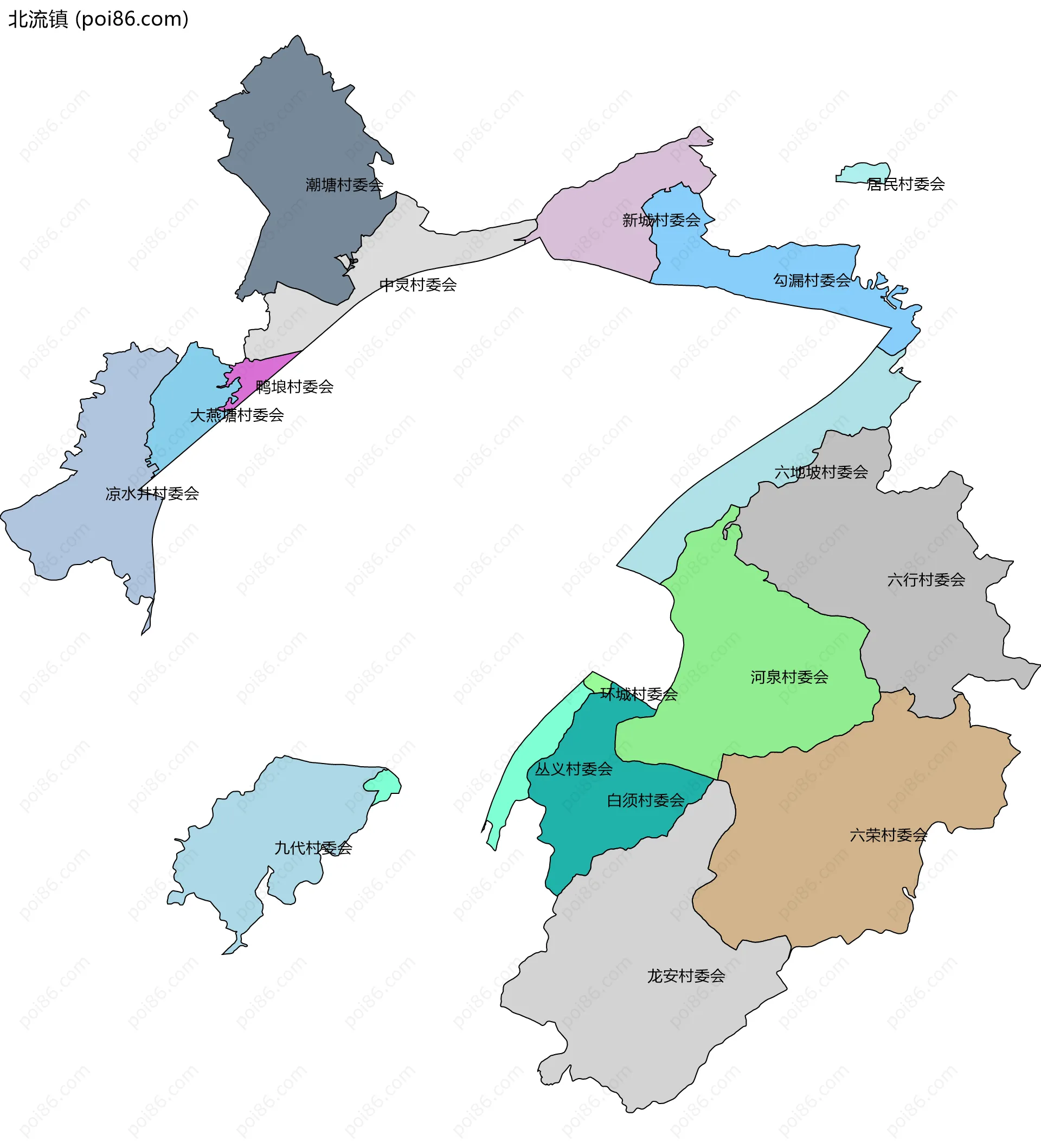 北流镇边界地图(五级行政区划)
