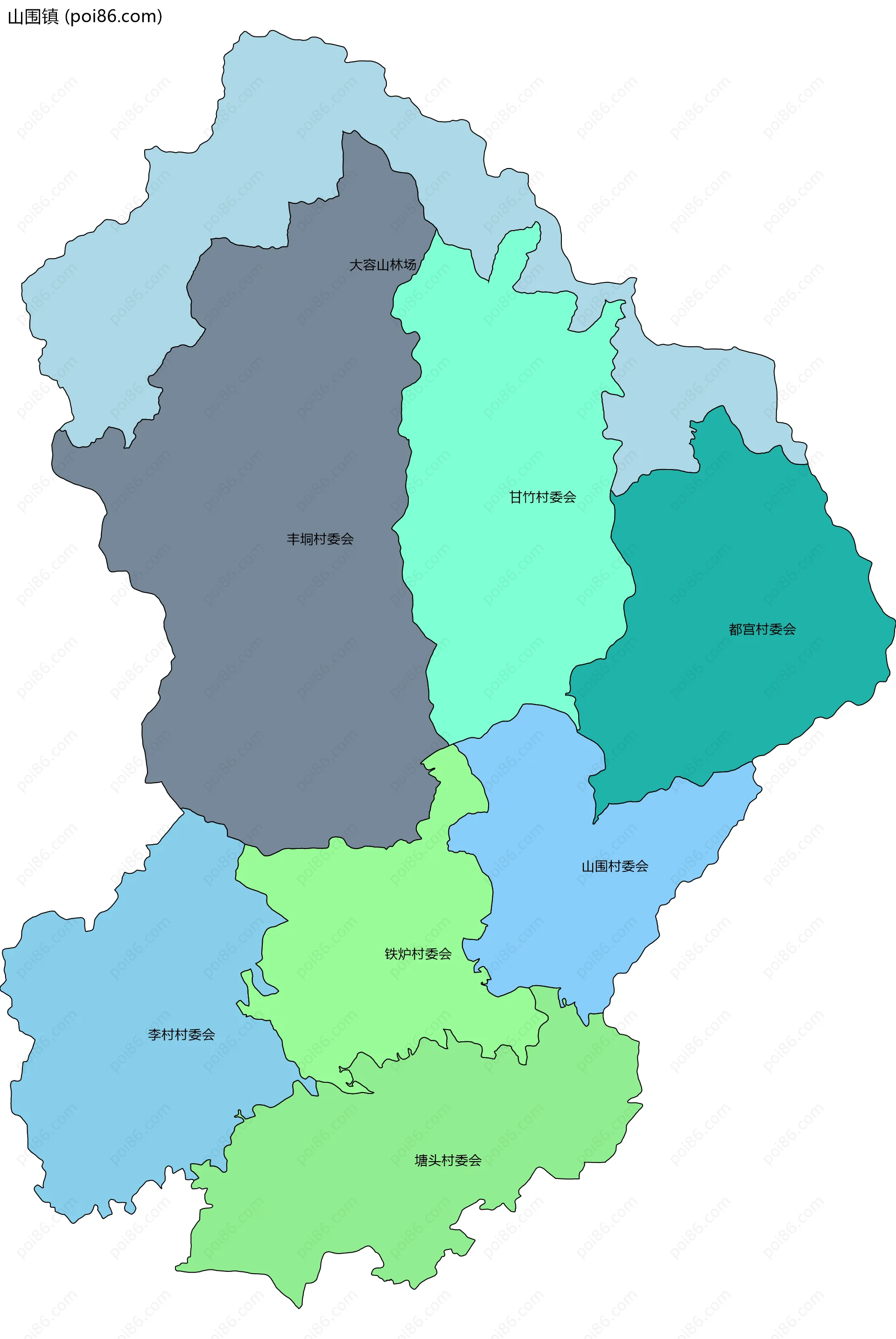 山围镇边界地图(五级行政区划)