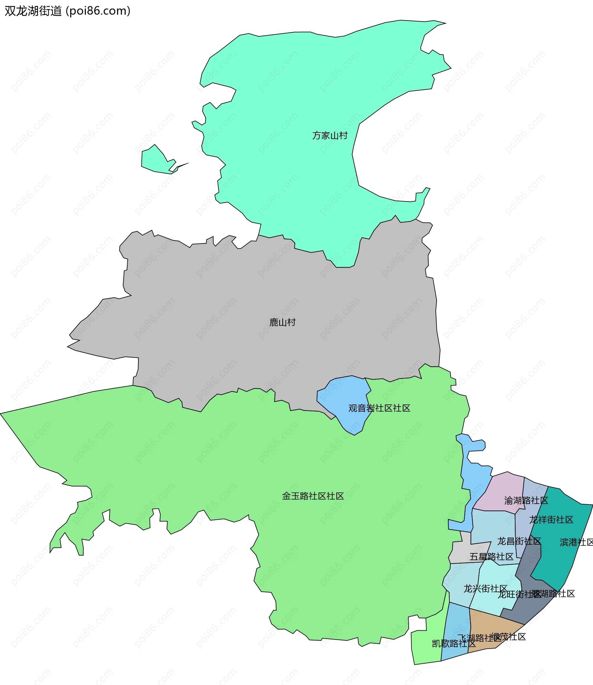 双龙湖街道边界地图(五级行政区划)