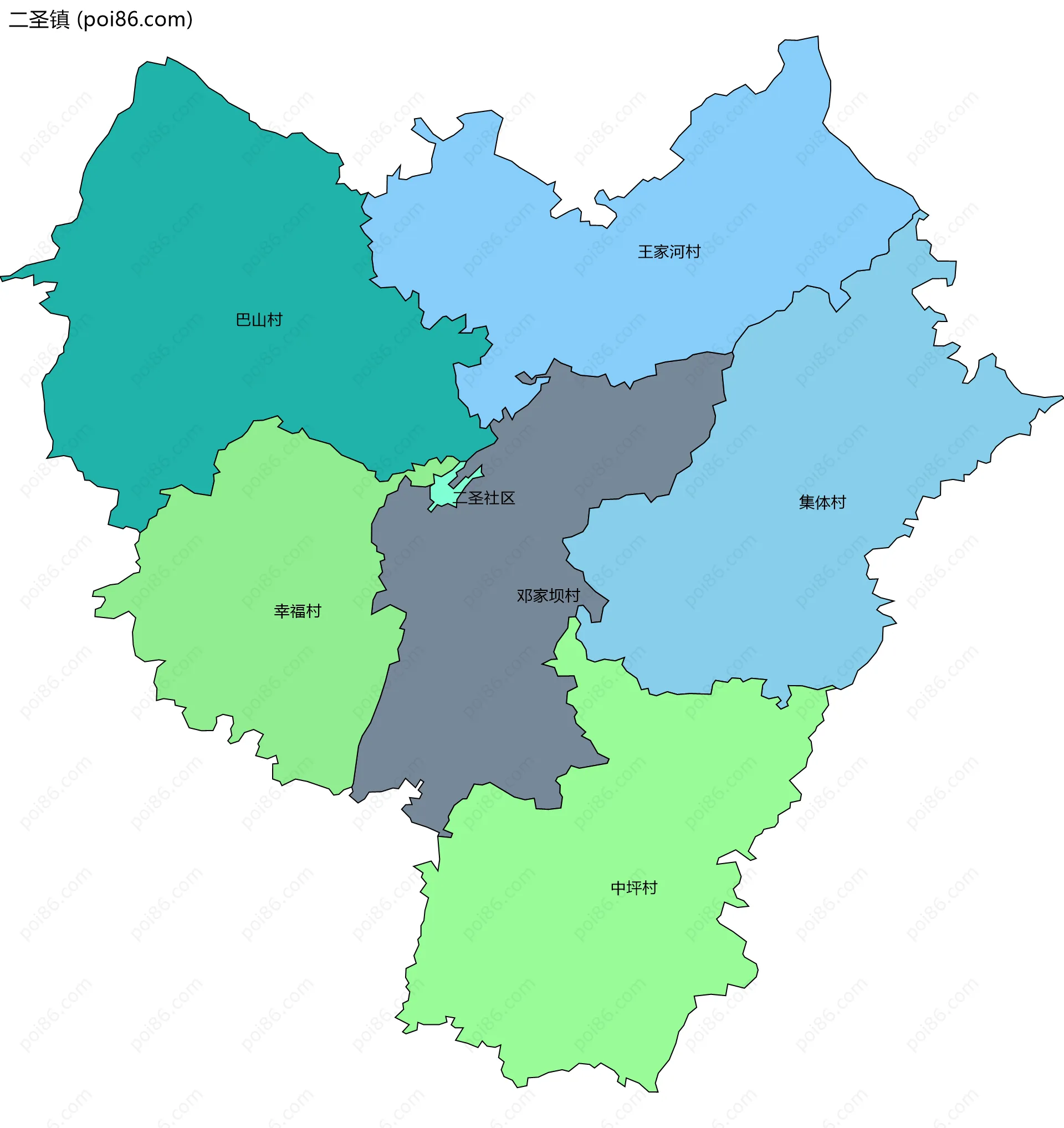 二圣镇边界地图(五级行政区划)