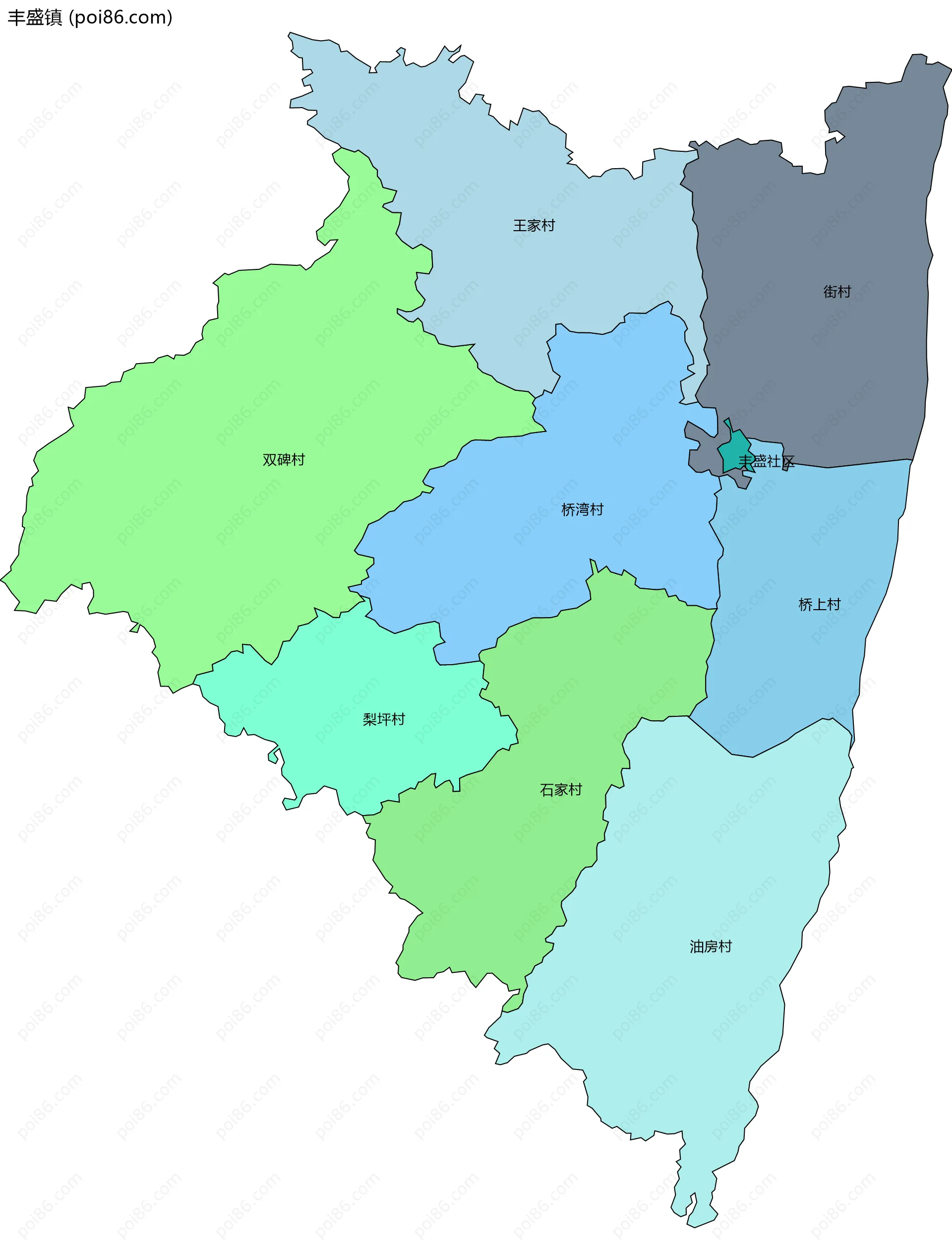 丰盛镇边界地图(五级行政区划)