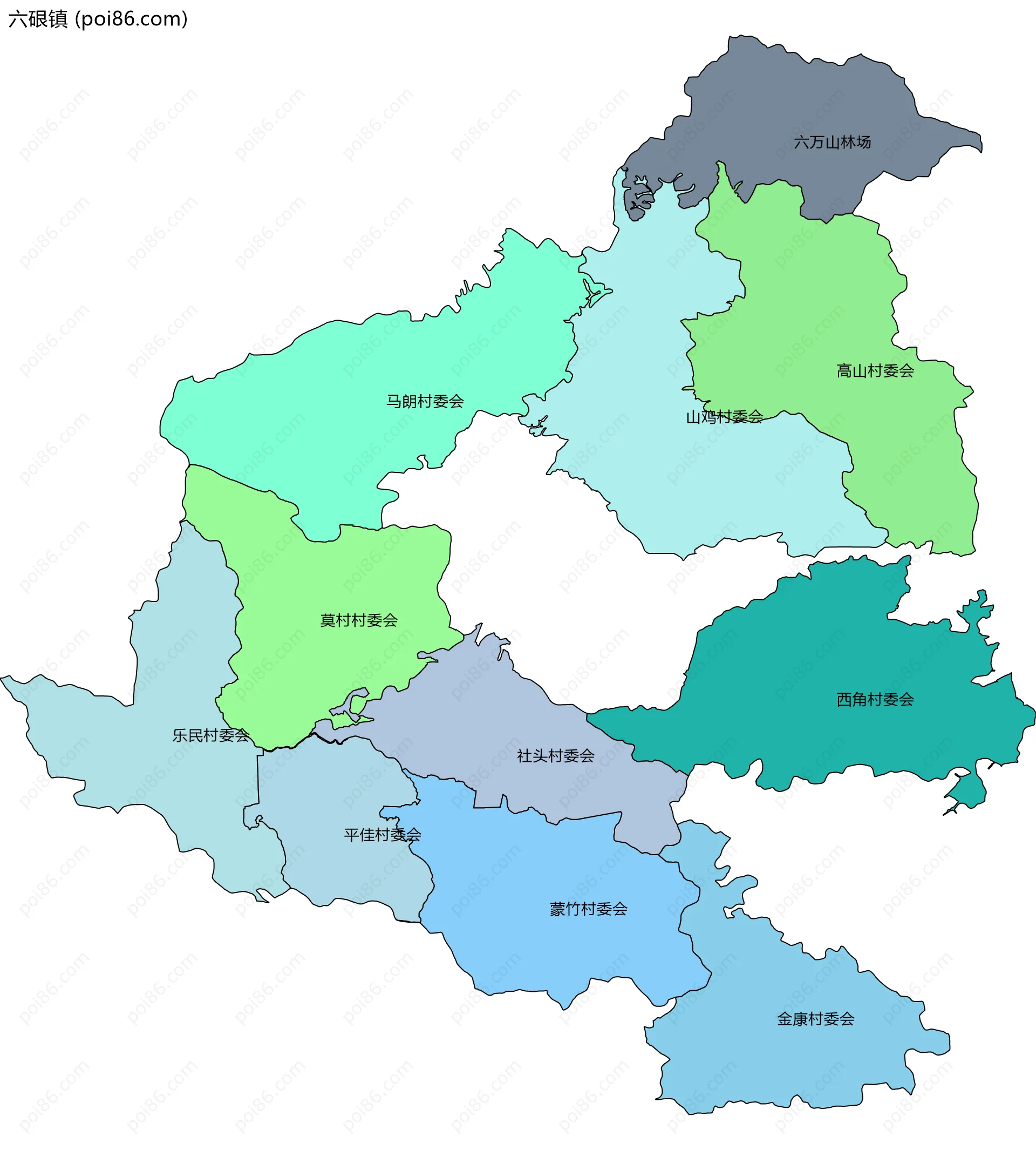 六硍镇边界地图(五级行政区划)