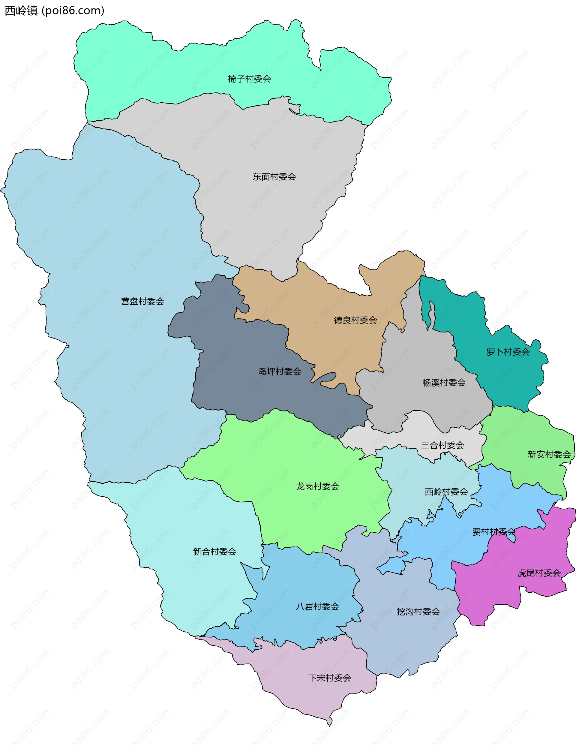 西岭镇边界地图(五级行政区划)