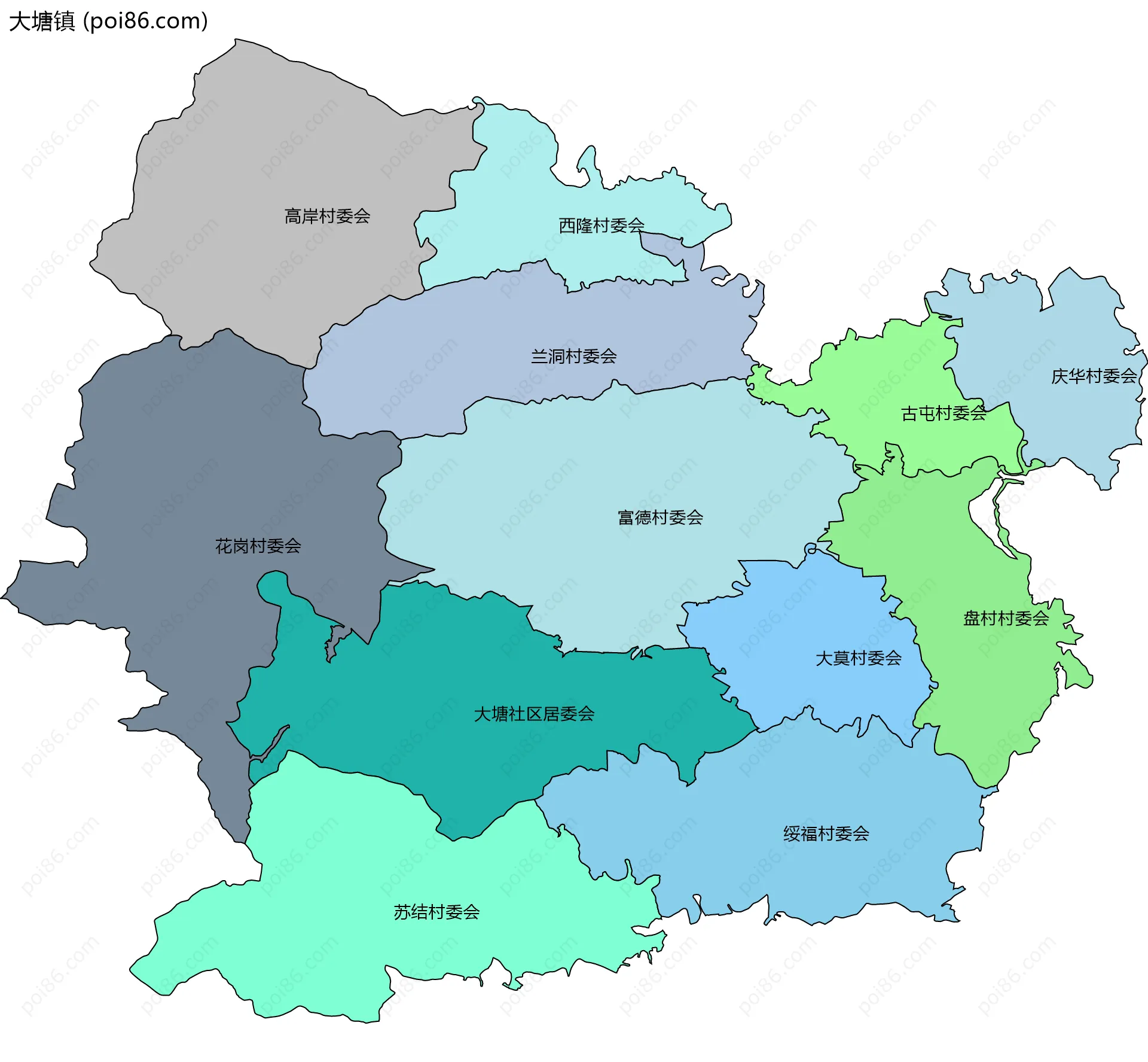 大塘镇边界地图(五级行政区划)