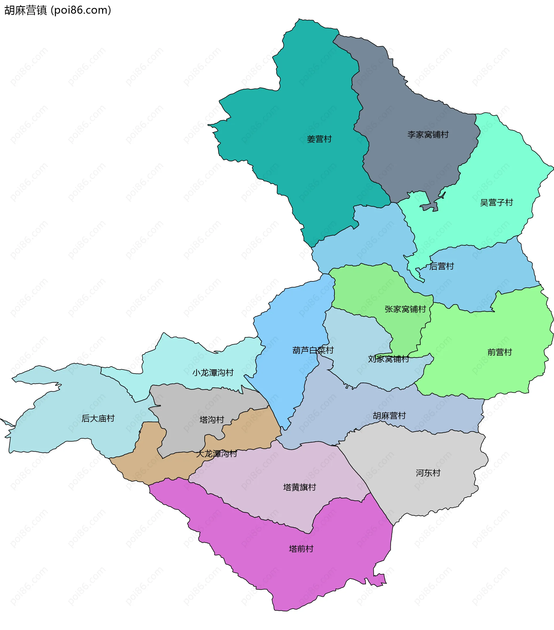 胡麻营镇边界地图(五级行政区划)