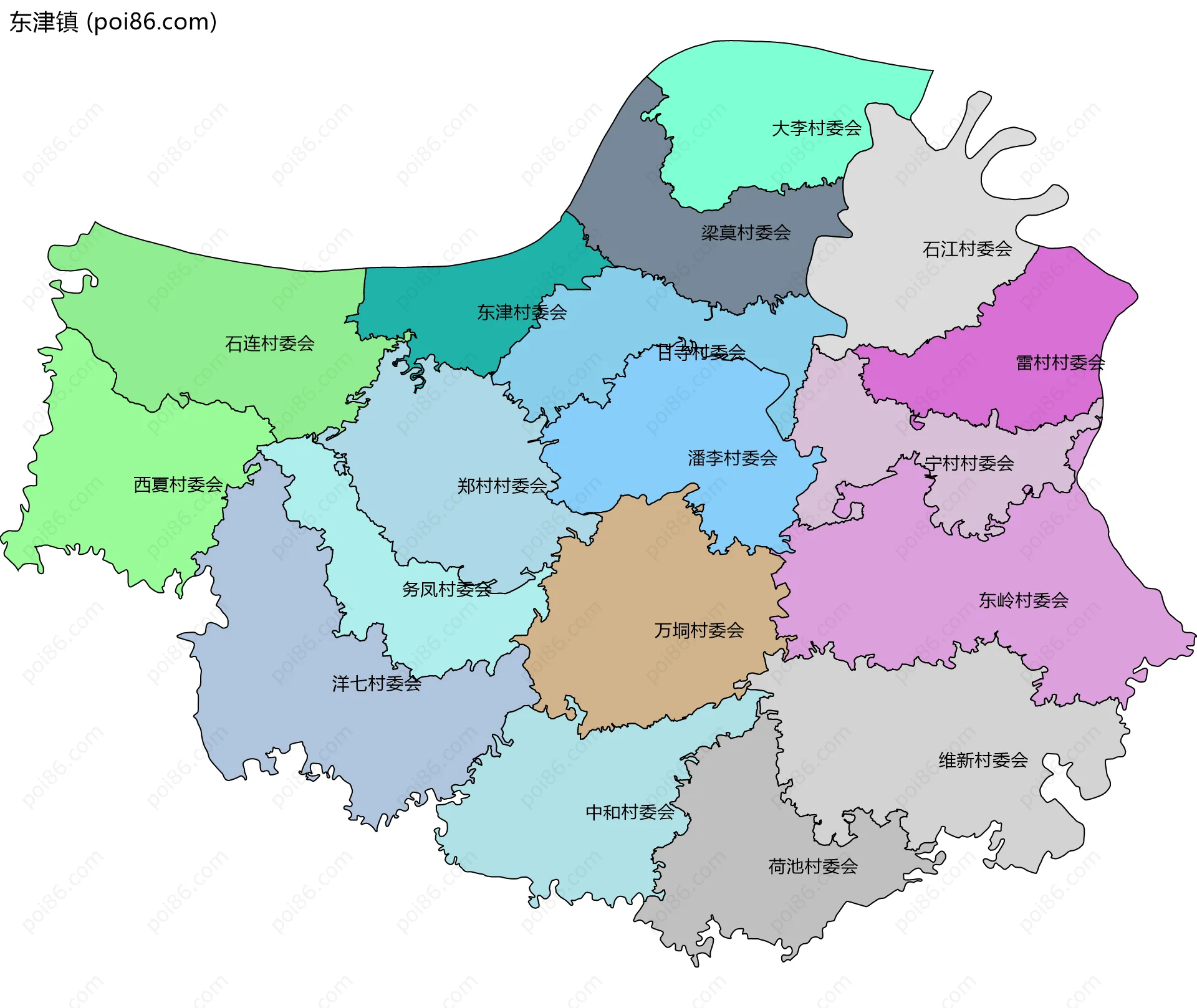 东津镇边界地图(五级行政区划)