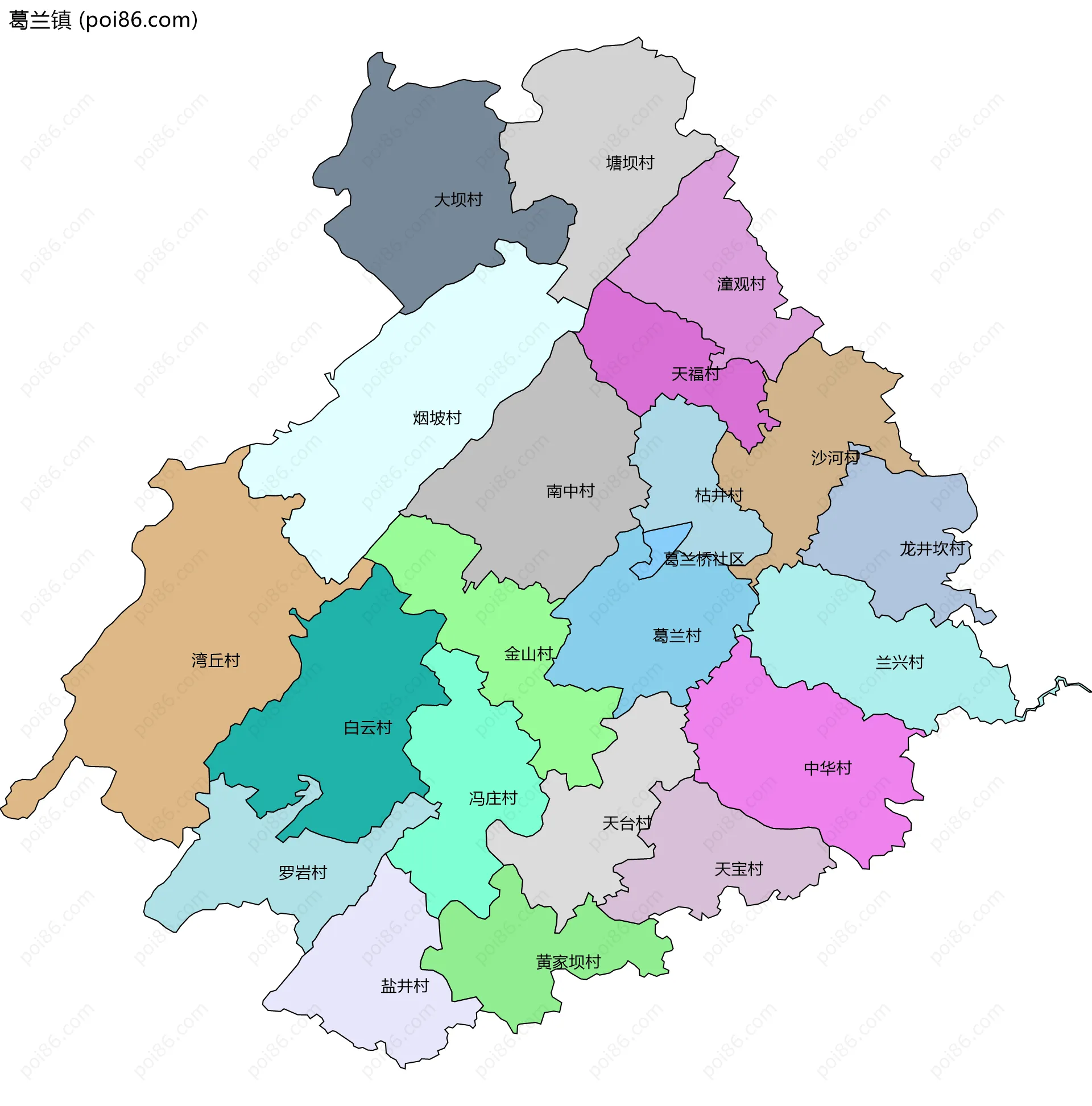 葛兰镇边界地图(五级行政区划)