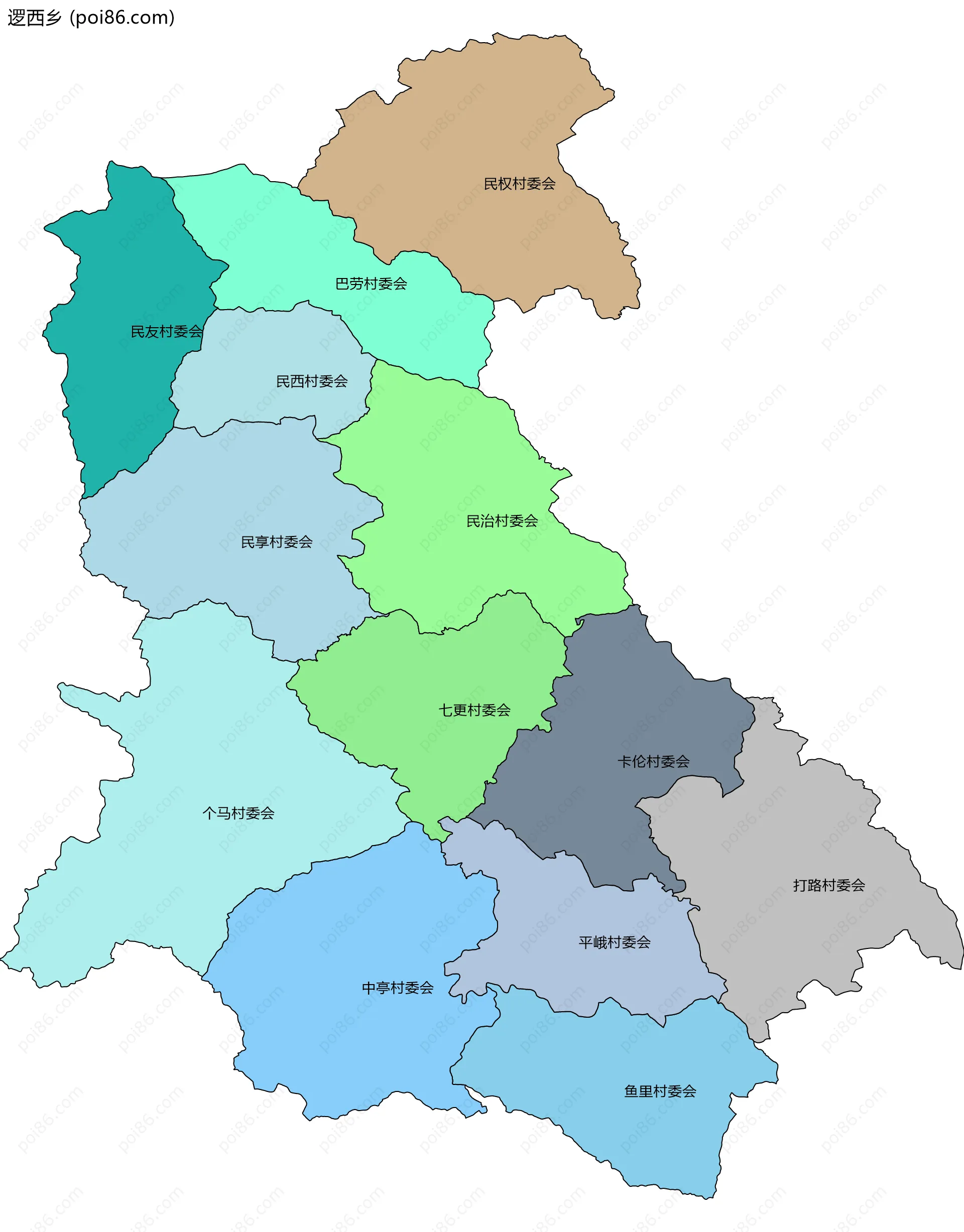 逻西乡边界地图(五级行政区划)