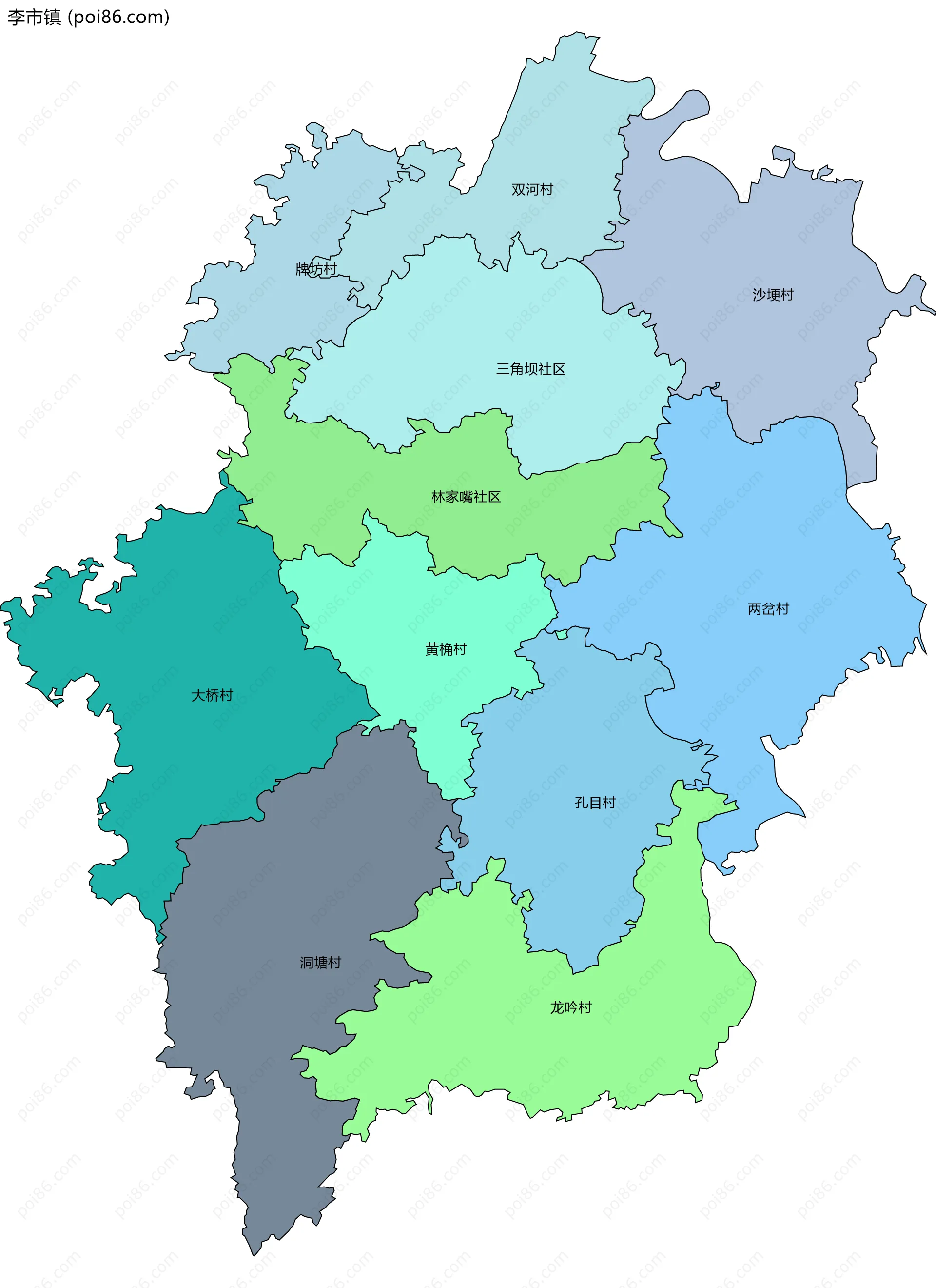 李市镇边界地图(五级行政区划)
