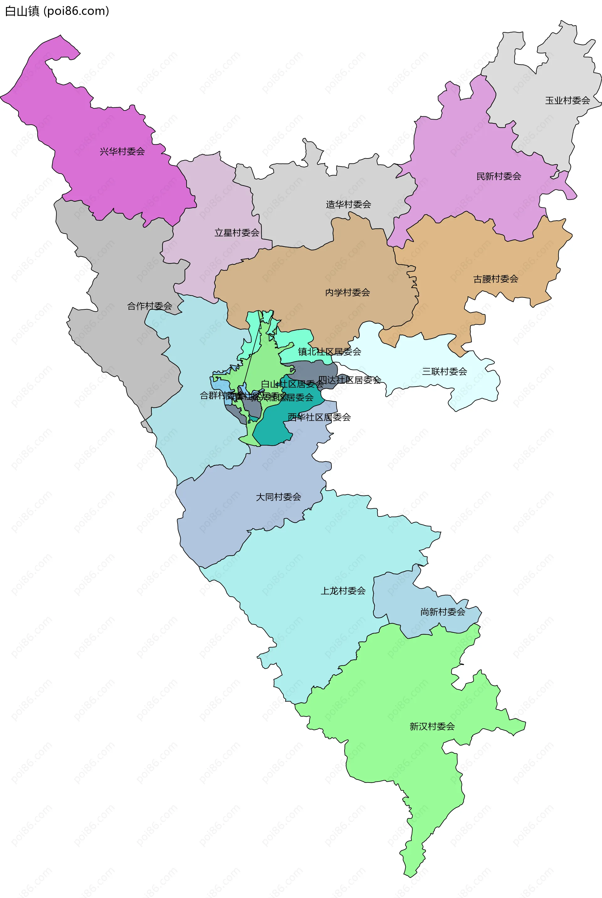 白山镇边界地图(五级行政区划)