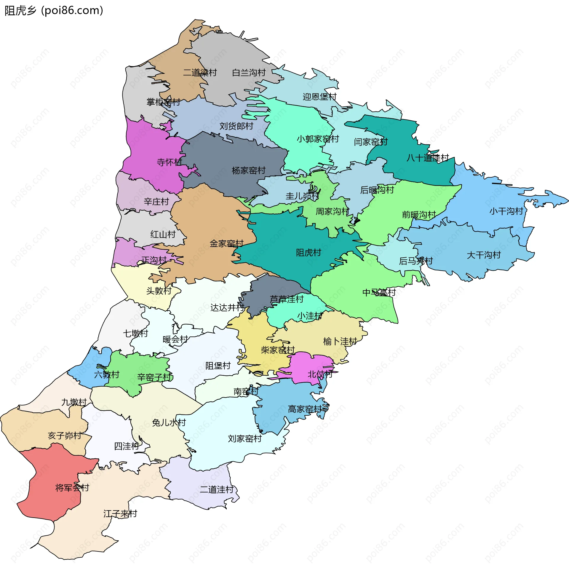 阻虎乡边界地图(五级行政区划)