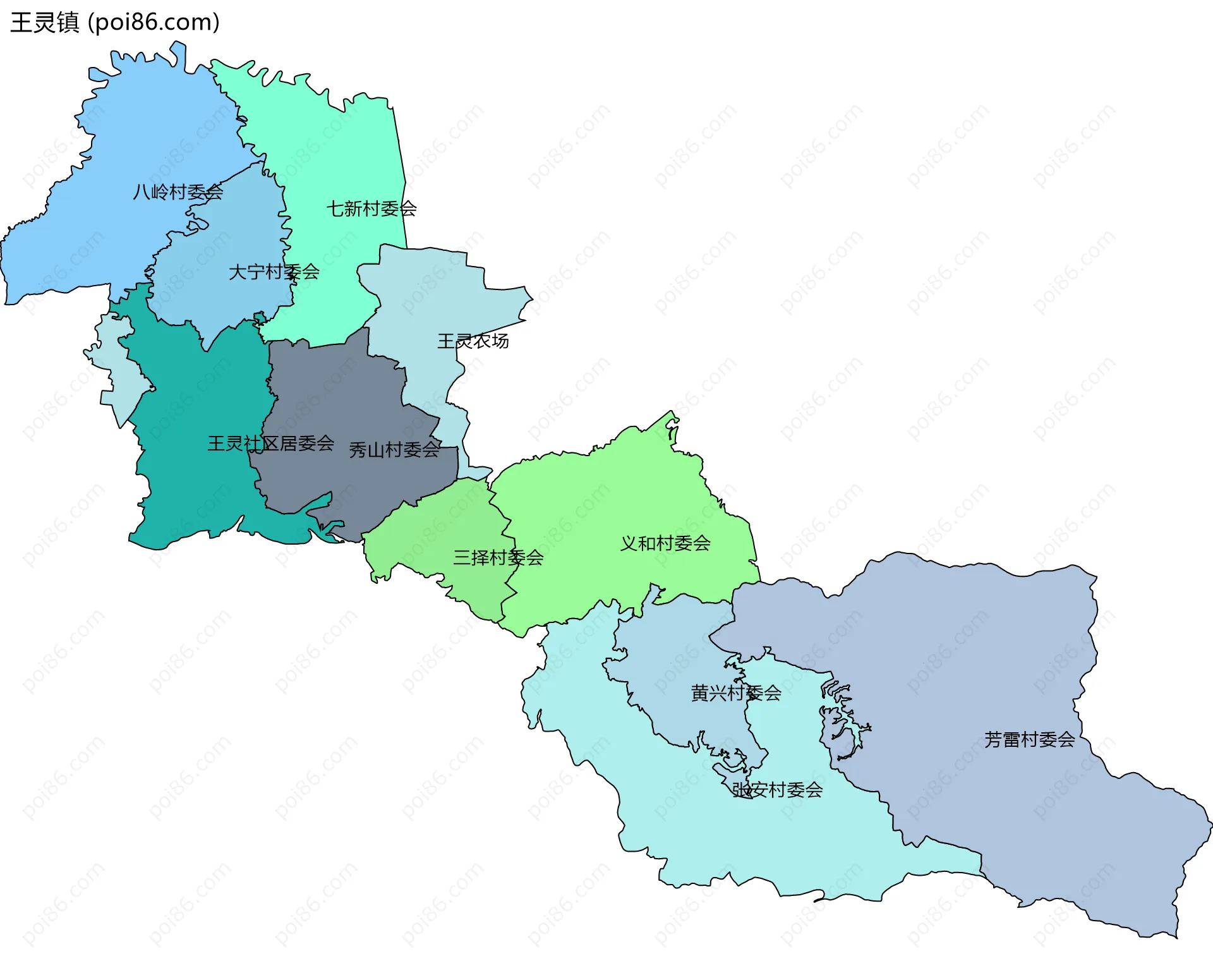 王灵镇边界地图(五级行政区划)